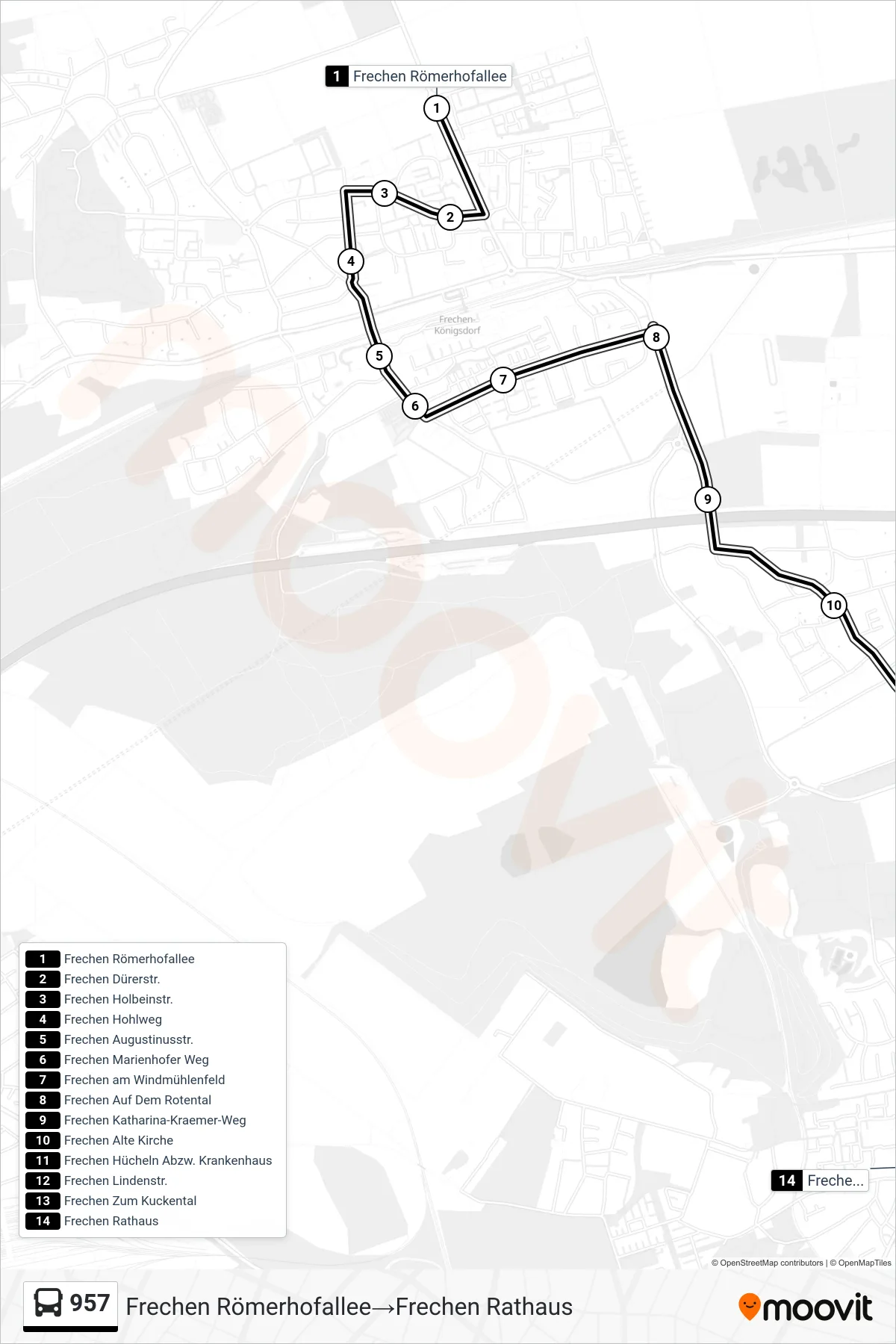 Linie 957 (Bus) Richtung Frechen Römerhofallee→Frechen Rathaus: Route und Haltestellen auf der Karte