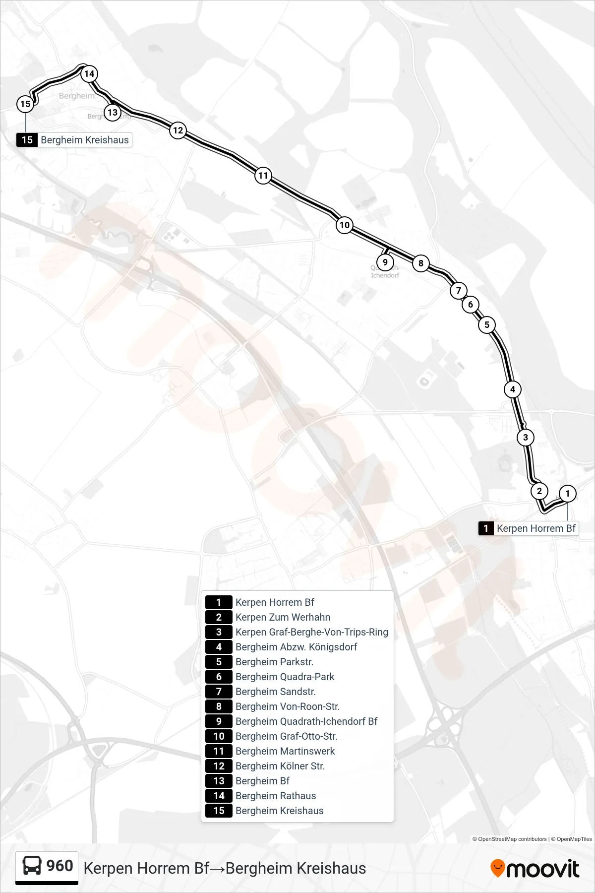 Linie 960 (Bus) Richtung Kerpen Horrem Bf→Bergheim Kreishaus: Route und Haltestellen auf der Karte