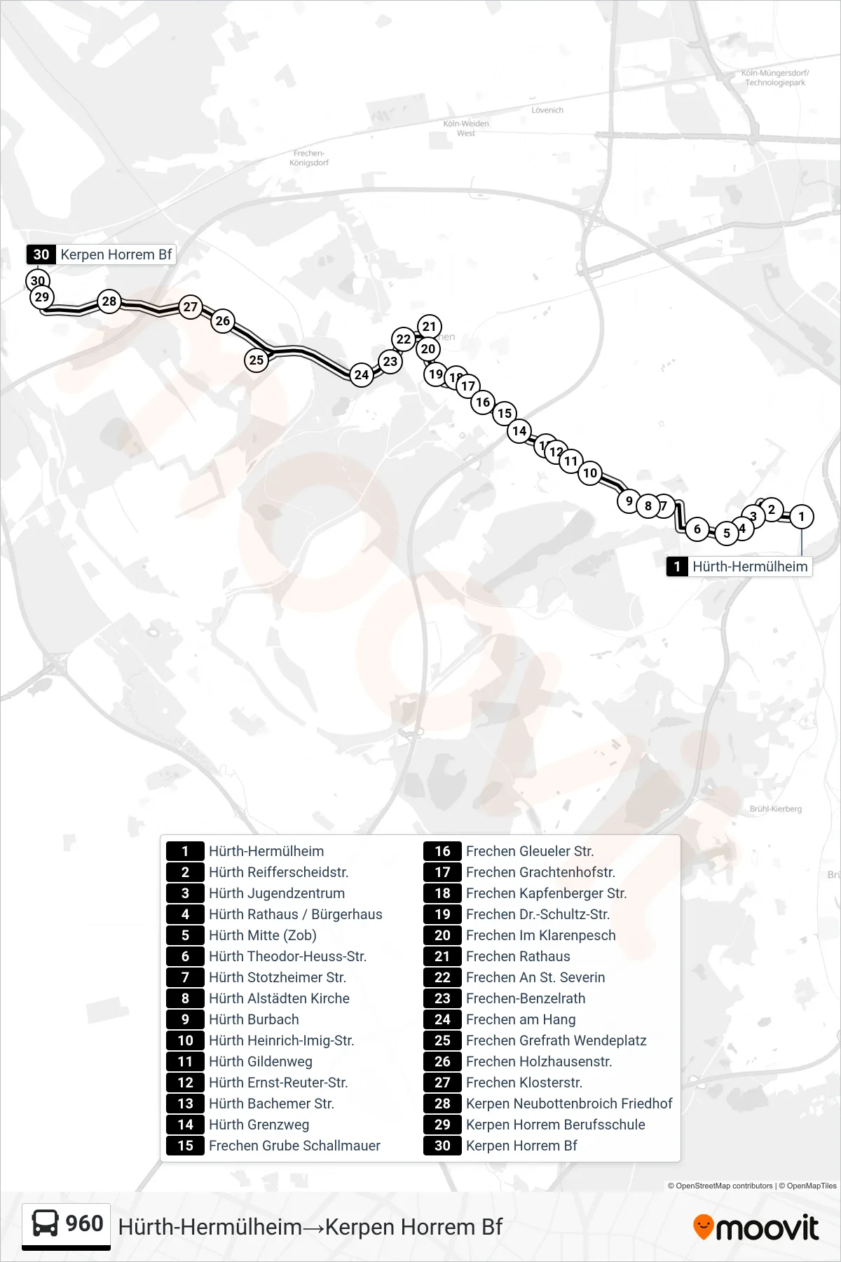 Linie 960 (Bus) Richtung Hürth-Hermülheim→Kerpen Horrem Bf: Route und Haltestellen auf der Karte