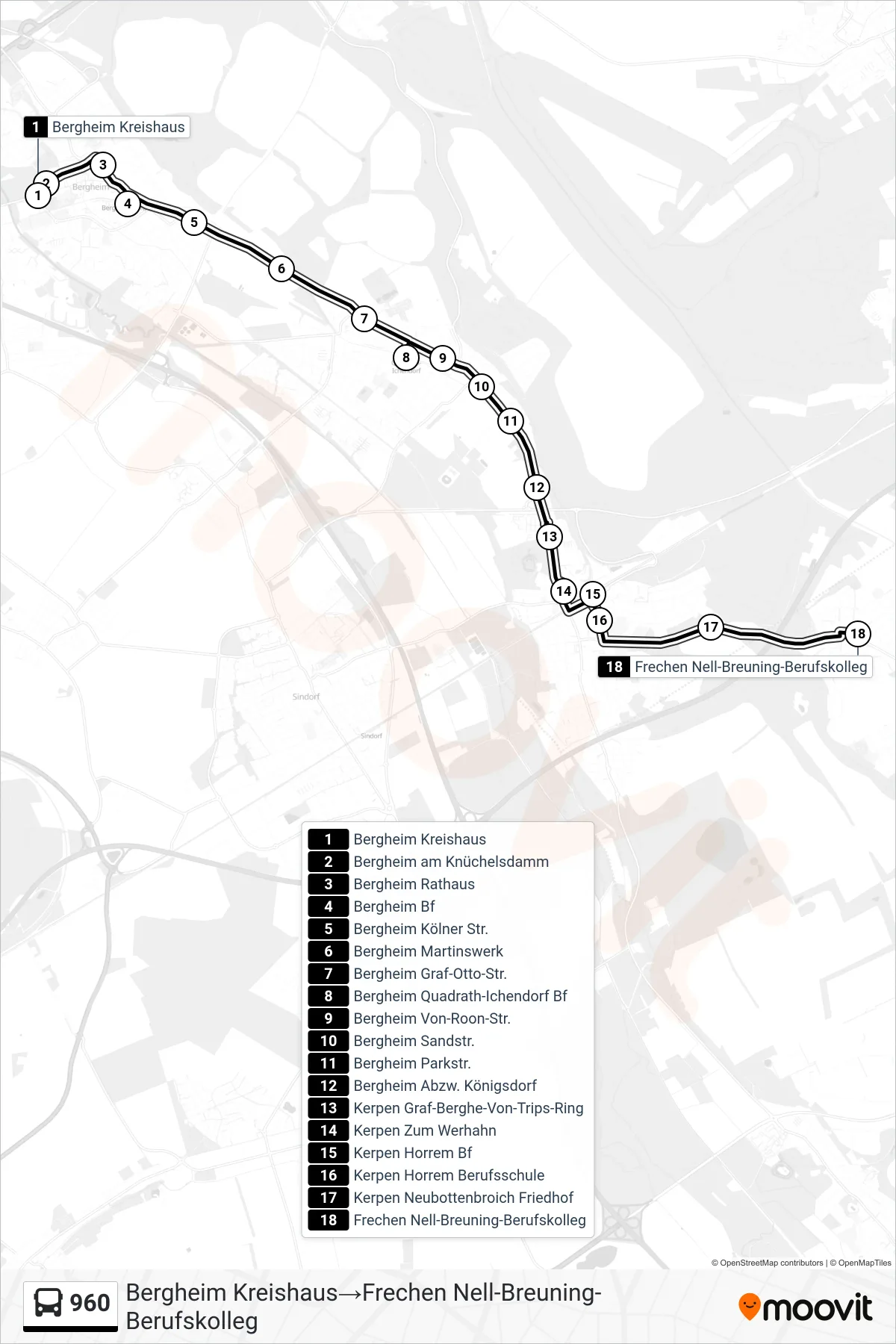 960 bus Line (Bergheim Kreishaus→Frechen Nell-Breuning-Berufskolleg) route and stops on a map