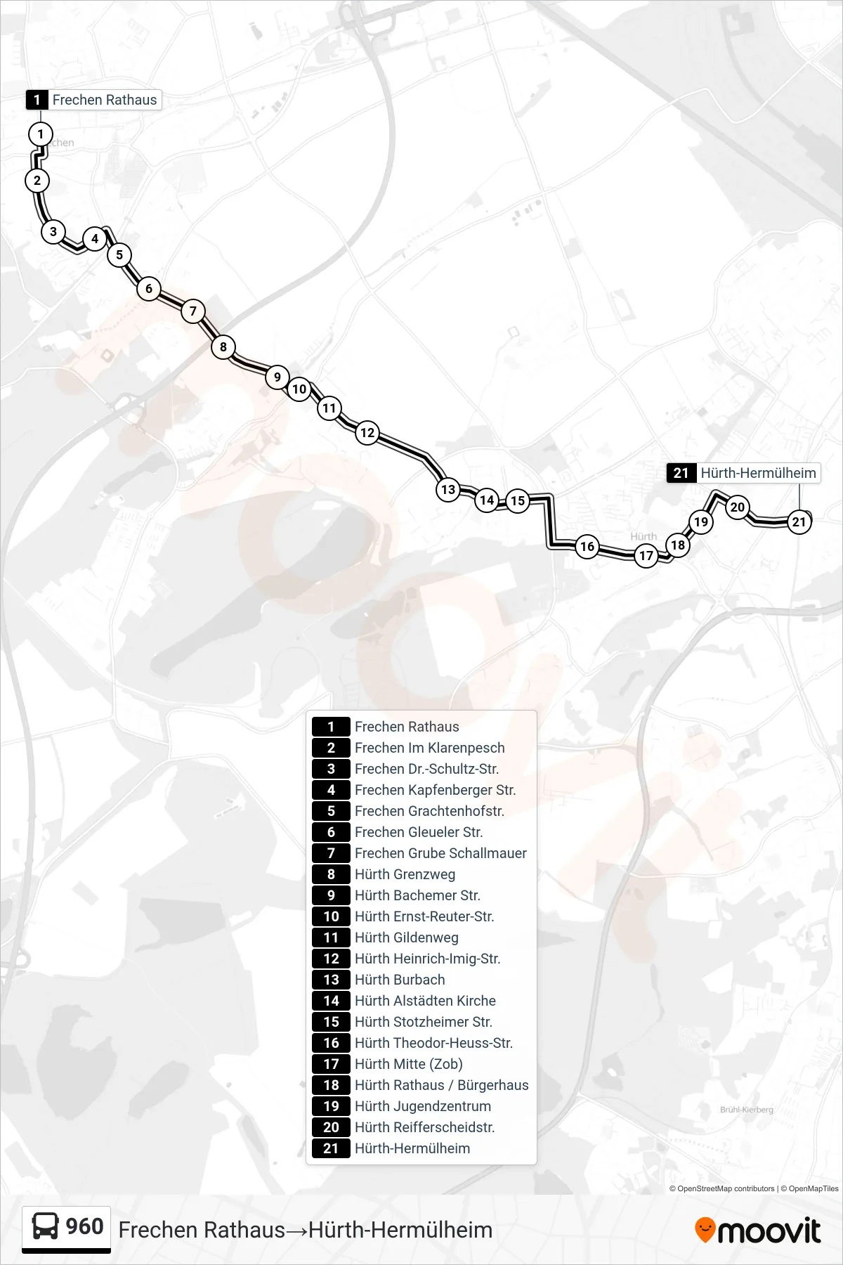 Linie 960 (Bus) Richtung Frechen Rathaus→Hürth-Hermülheim: Route und Haltestellen auf der Karte