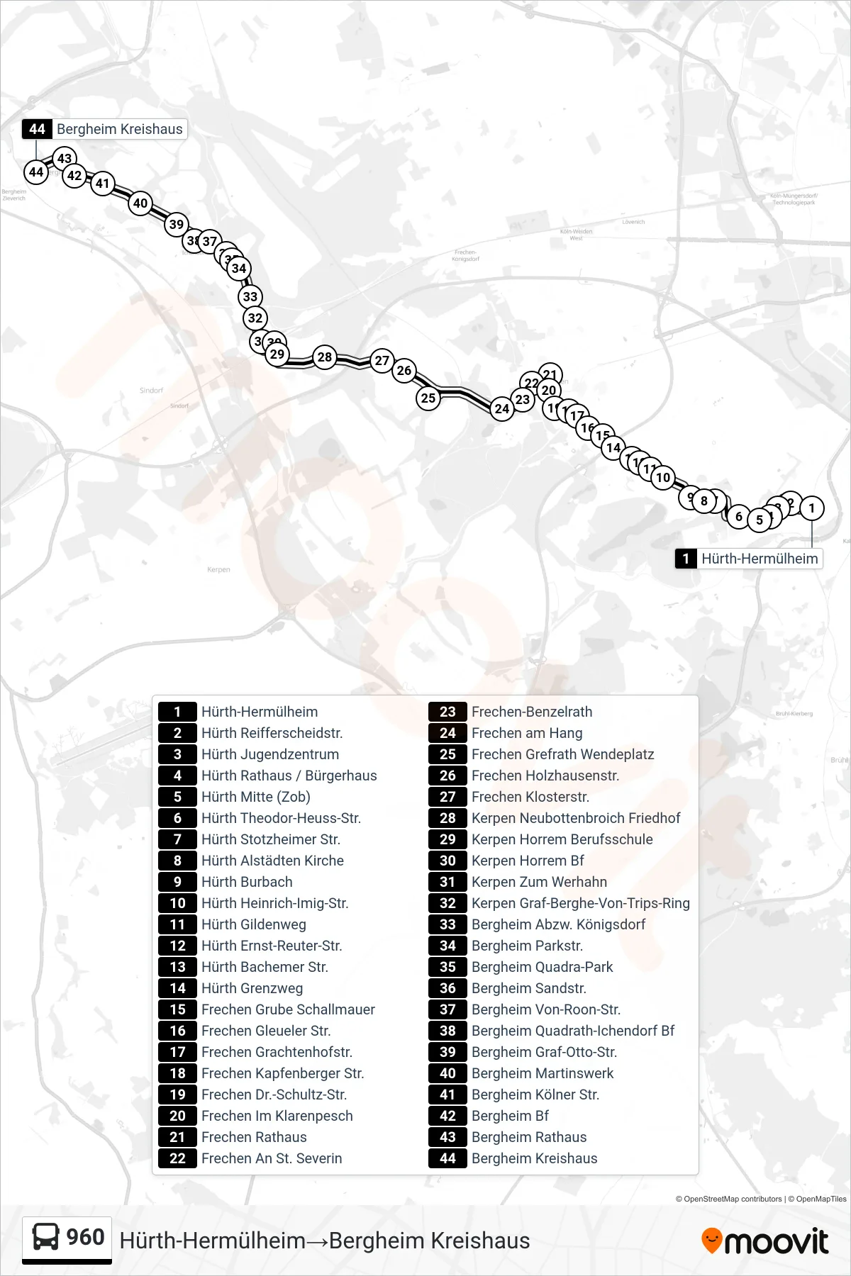Linie 960 (Bus) Richtung Hürth-Hermülheim→Bergheim Kreishaus: Route und Haltestellen auf der Karte