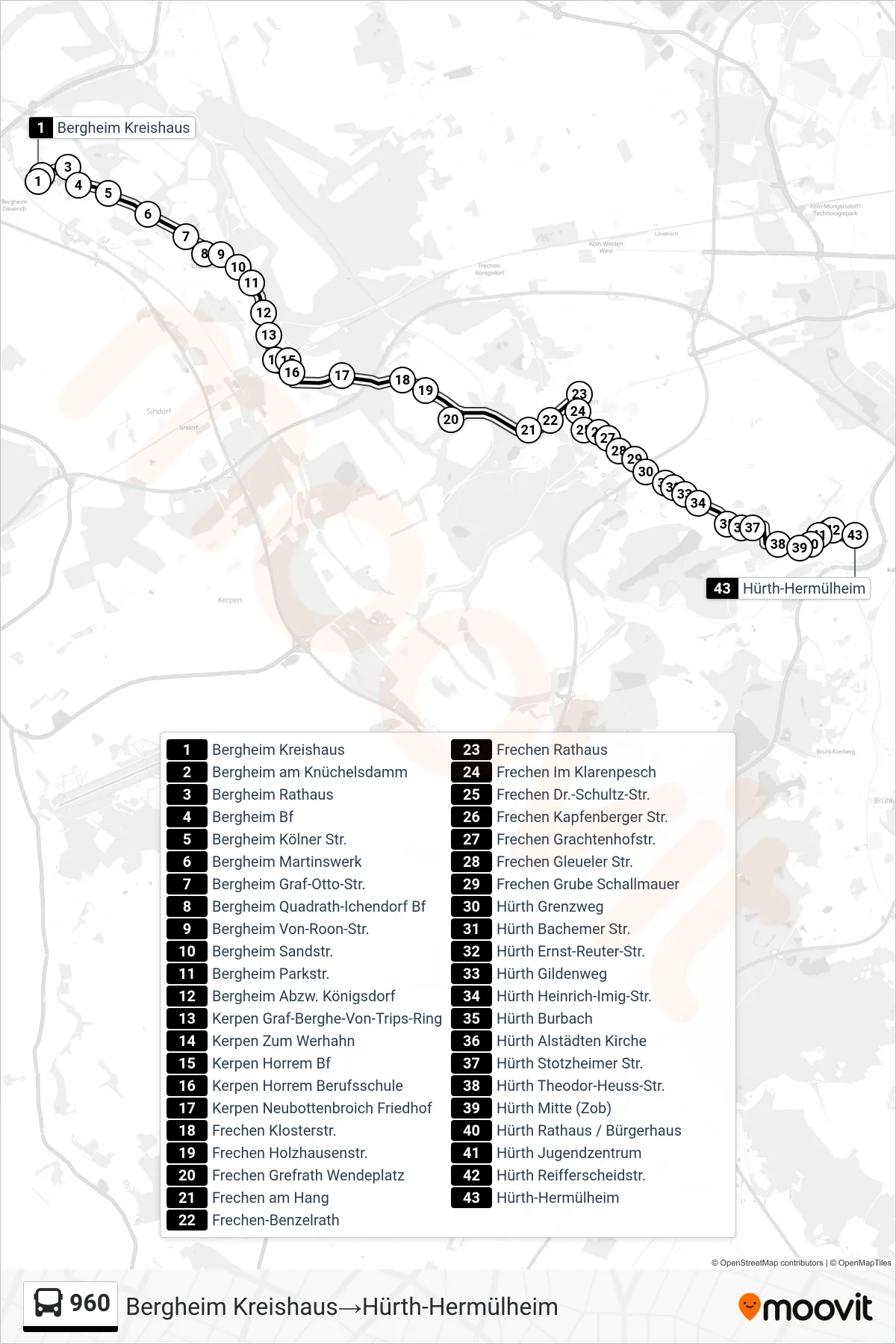 Linie 960 (Bus) Richtung Bergheim Kreishaus→Hürth-Hermülheim: Route und Haltestellen auf der Karte