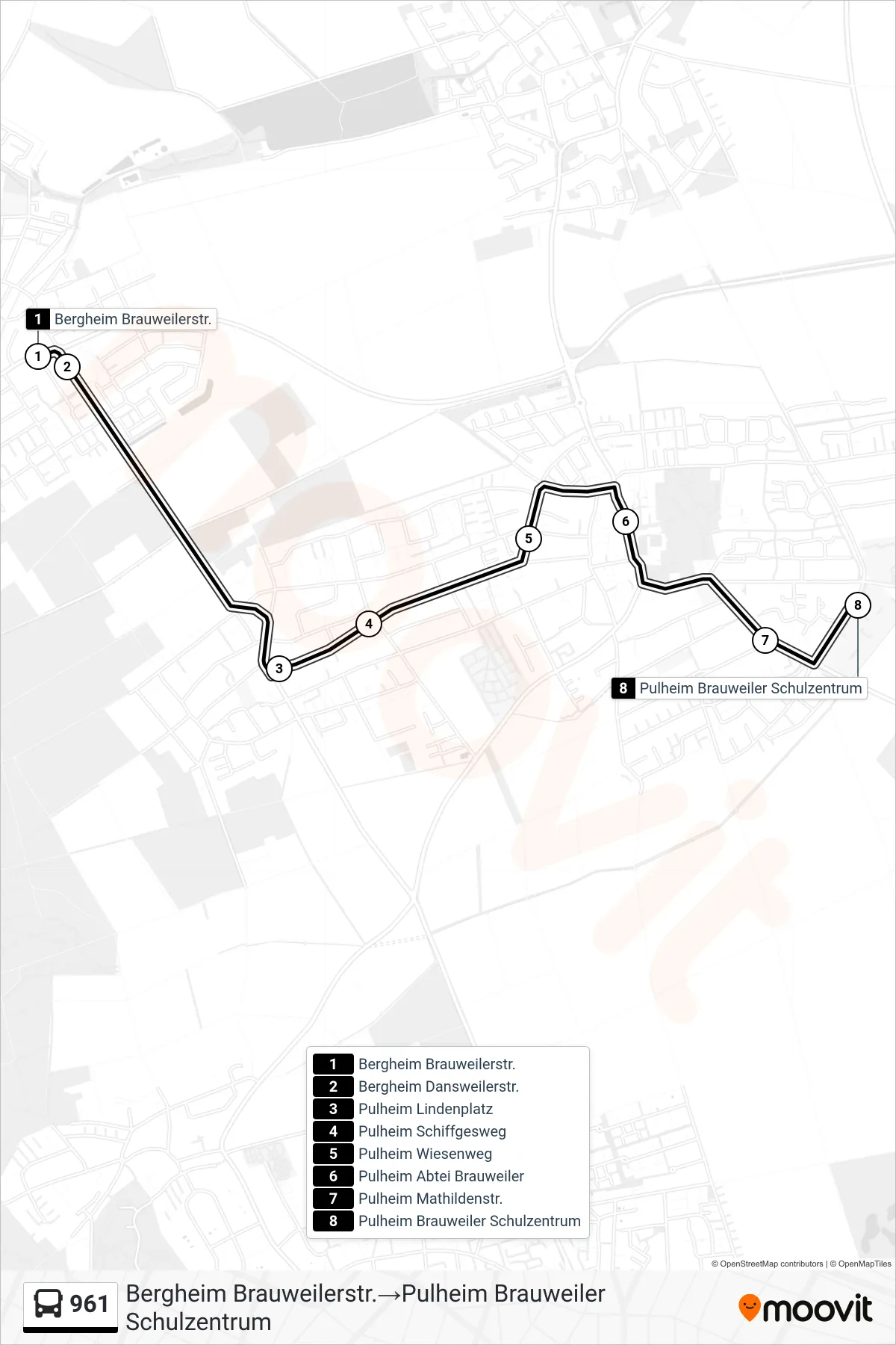 Linie 961 (Bus) Richtung Bergheim Brauweilerstr.‎→Pulheim Brauweiler Schulzentrum: Route und Haltestellen auf der Karte