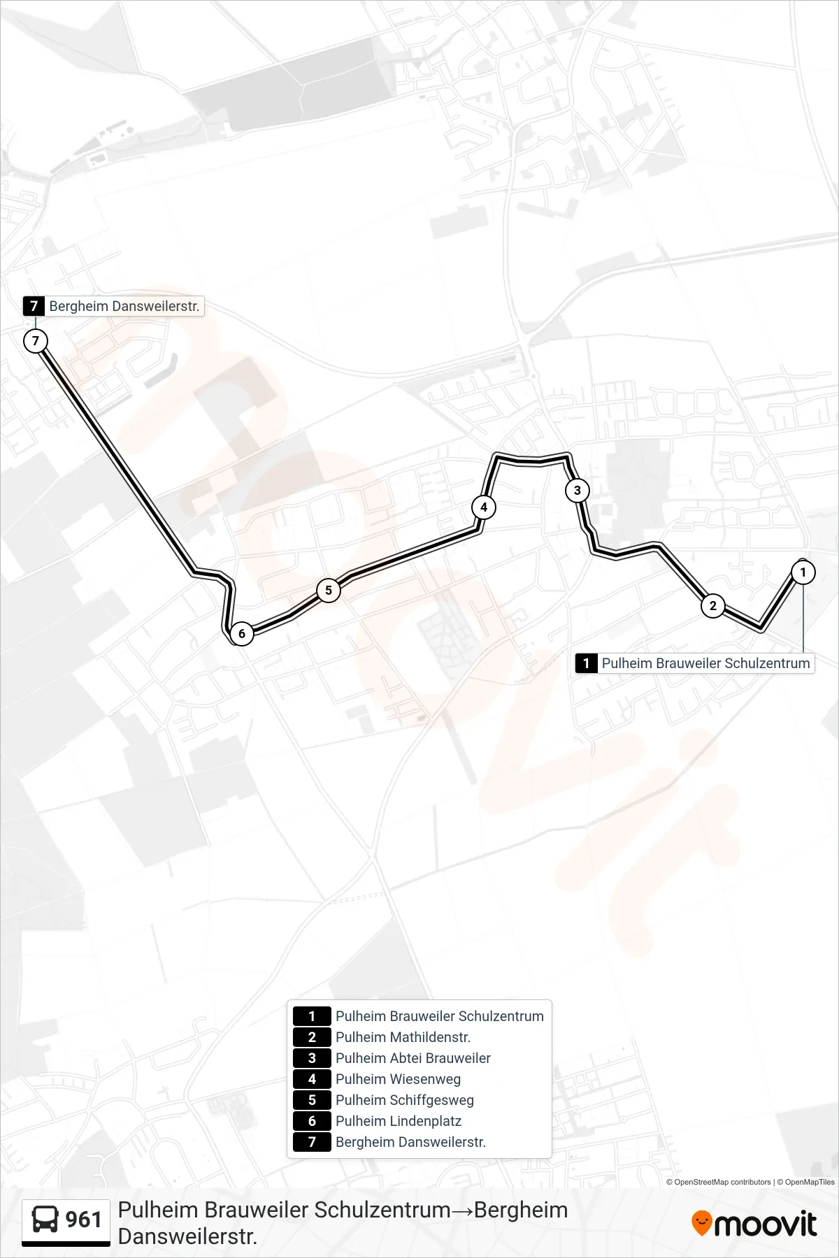 Linie 961 (Bus) Richtung Pulheim Brauweiler Schulzentrum→Bergheim Dansweilerstr.: Route und Haltestellen auf der Karte