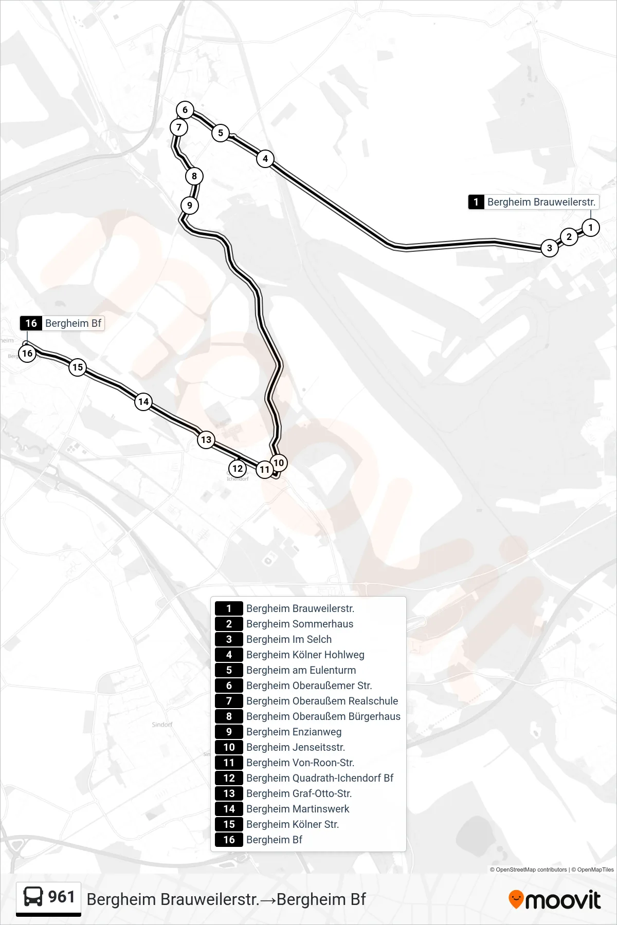 961 bus Line (Bergheim Brauweilerstr.→Bergheim Bf) route and stops on a map