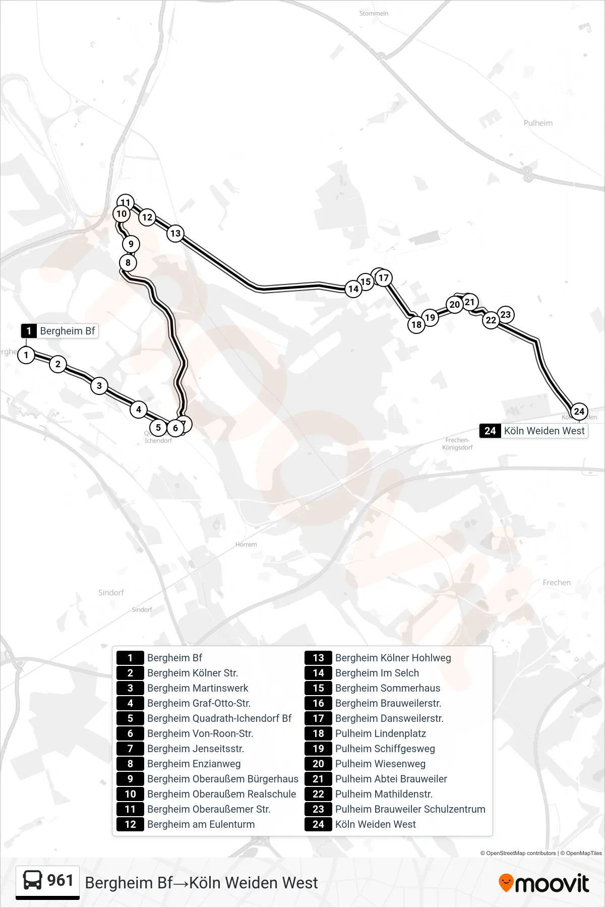 Linie 961 (Bus) Richtung Bergheim Bf→Köln Weiden West: Route und Haltestellen auf der Karte