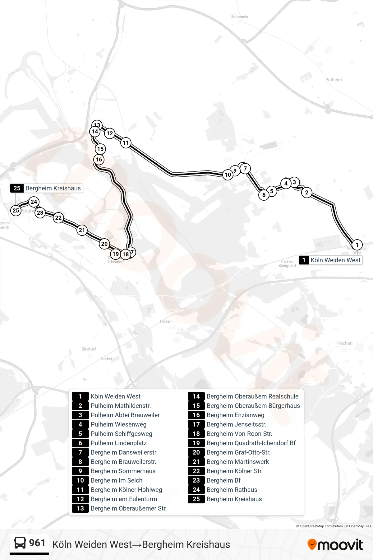 Linie 961 (Bus) Richtung Köln Weiden West→Bergheim Kreishaus: Route und Haltestellen auf der Karte