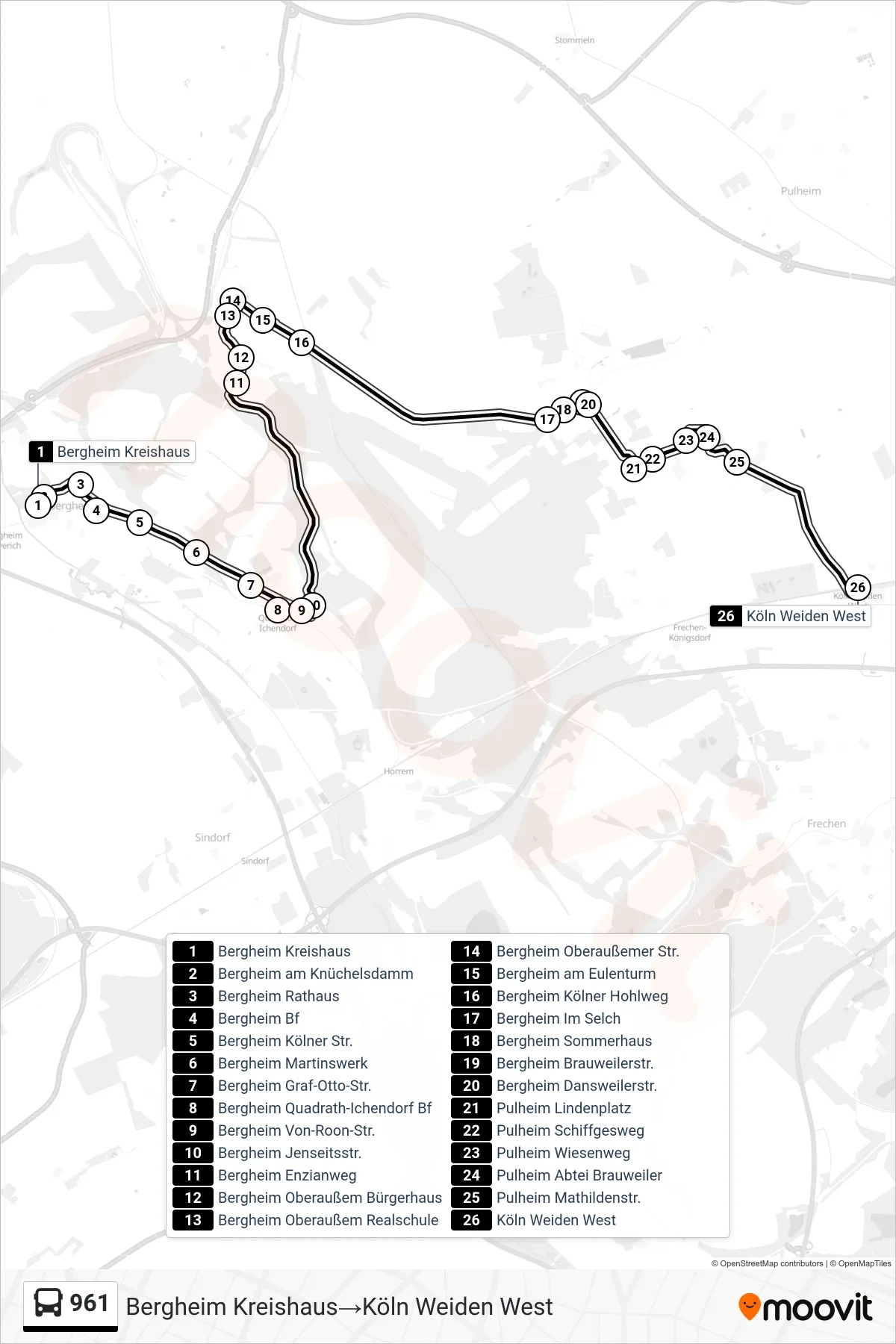 Linie 961 (Bus) Richtung Bergheim Kreishaus→Köln Weiden West: Route und Haltestellen auf der Karte