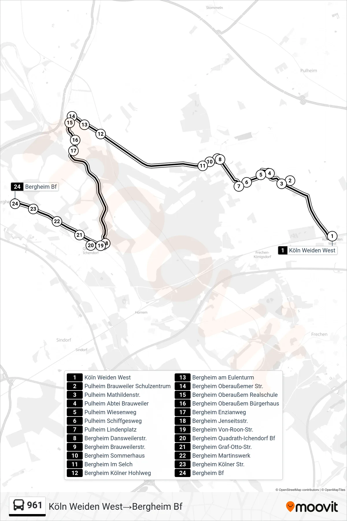 Linie 961 (Bus) Richtung Köln Weiden West→Bergheim Bf: Route und Haltestellen auf der Karte