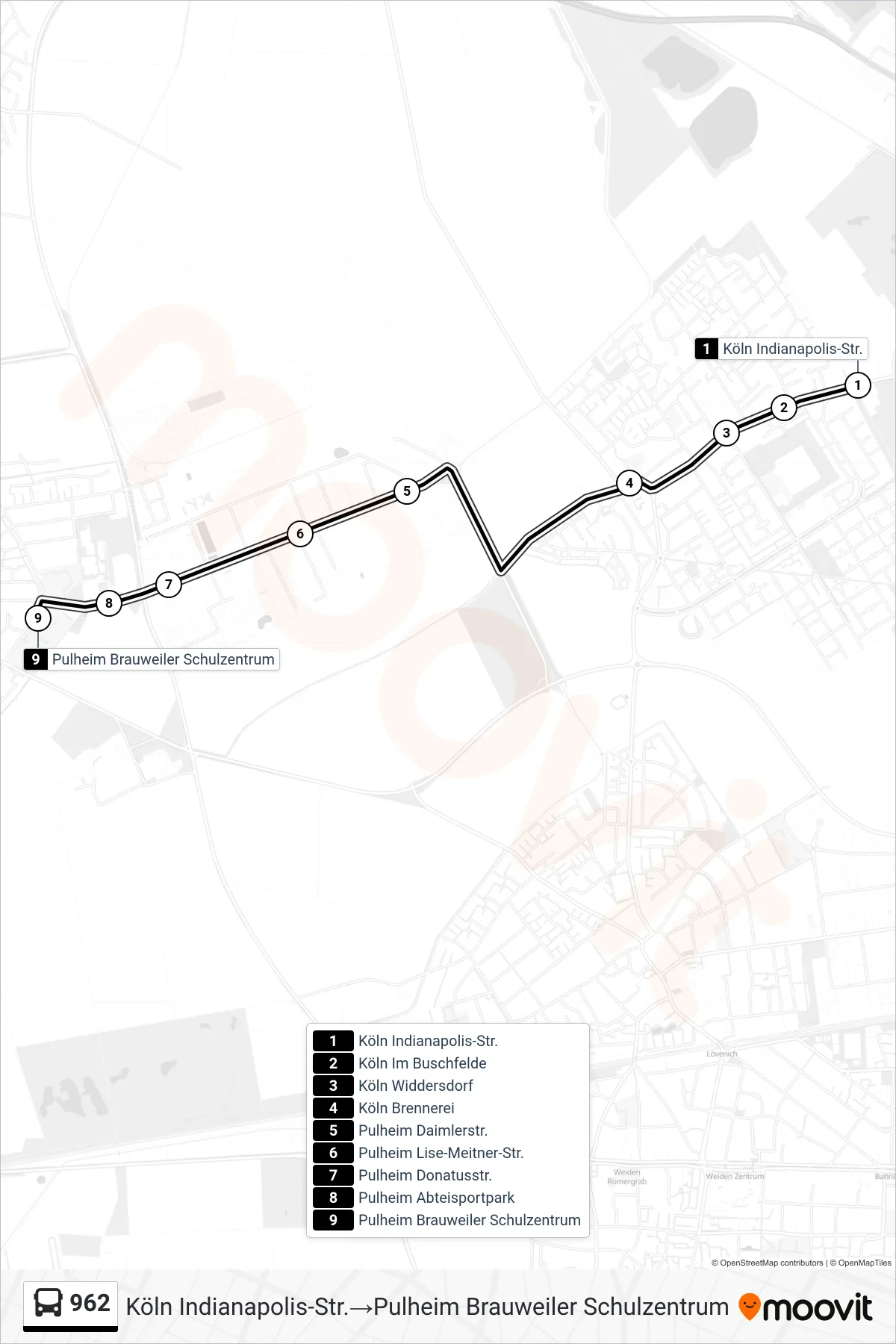 962 bus Line (Köln Indianapolis-Str.‎→Pulheim Brauweiler Schulzentrum) route and stops on a map