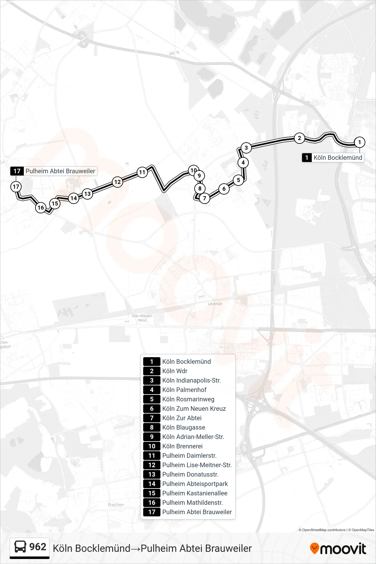 962 bus Line (Köln Bocklemünd‎→Pulheim Abtei Brauweiler) route and stops on a map