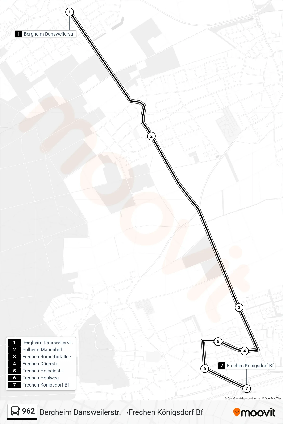 962 bus Line (Bergheim Dansweilerstr.‎→Frechen Königsdorf Bf) route and stops on a map