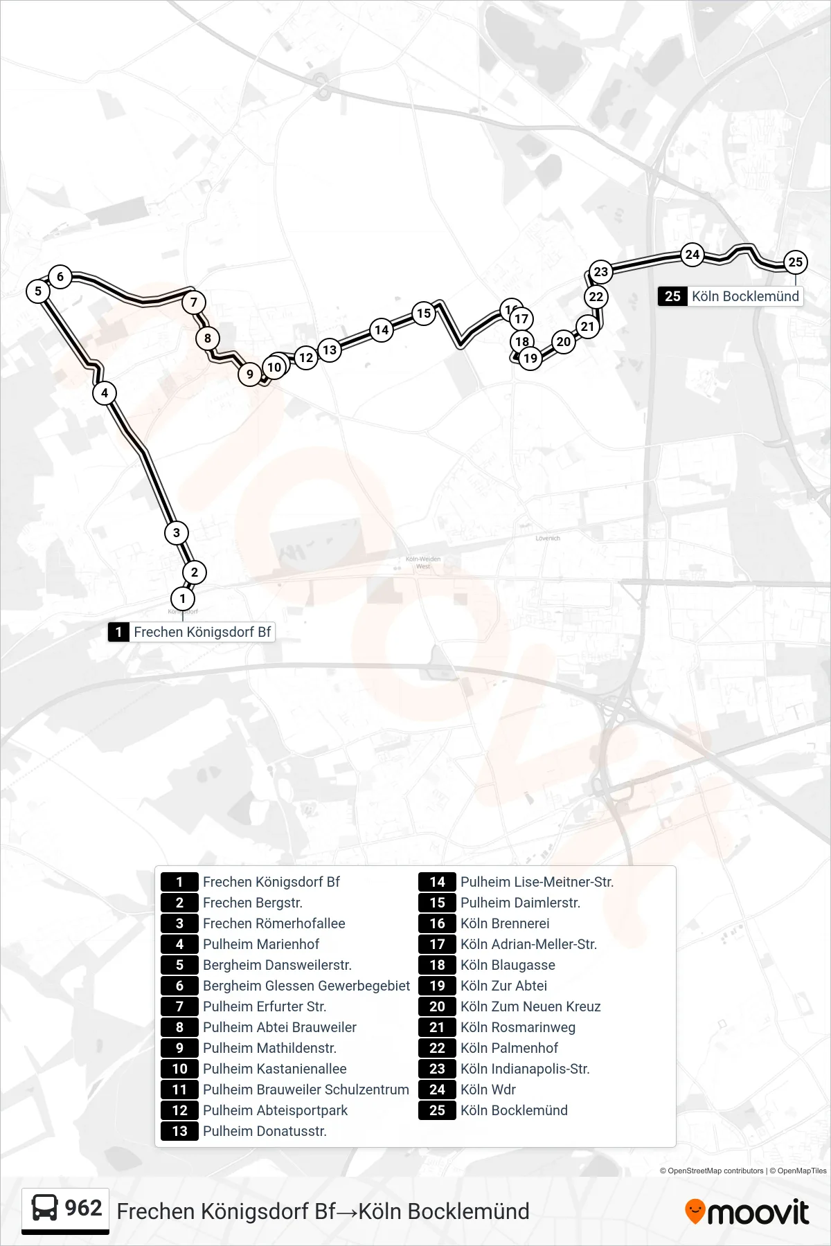 Linie 962 (Bus) Richtung Frechen Königsdorf Bf→Köln Bocklemünd: Route und Haltestellen auf der Karte