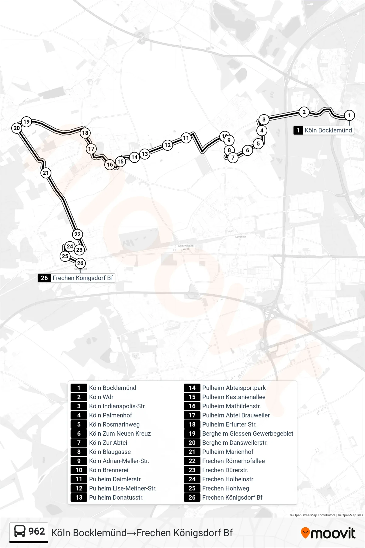 Linie 962 (Bus) Richtung Köln Bocklemünd‎→Frechen Königsdorf Bf: Route und Haltestellen auf der Karte