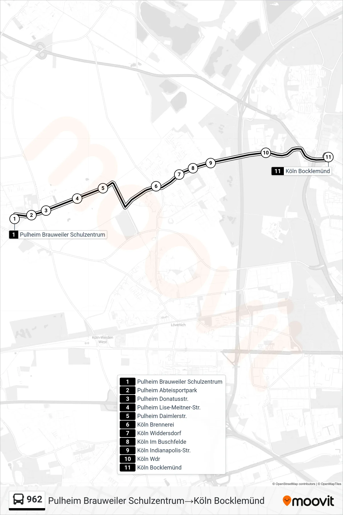 Linie 962 (Bus) Richtung Pulheim Brauweiler Schulzentrum→Köln Bocklemünd: Route und Haltestellen auf der Karte