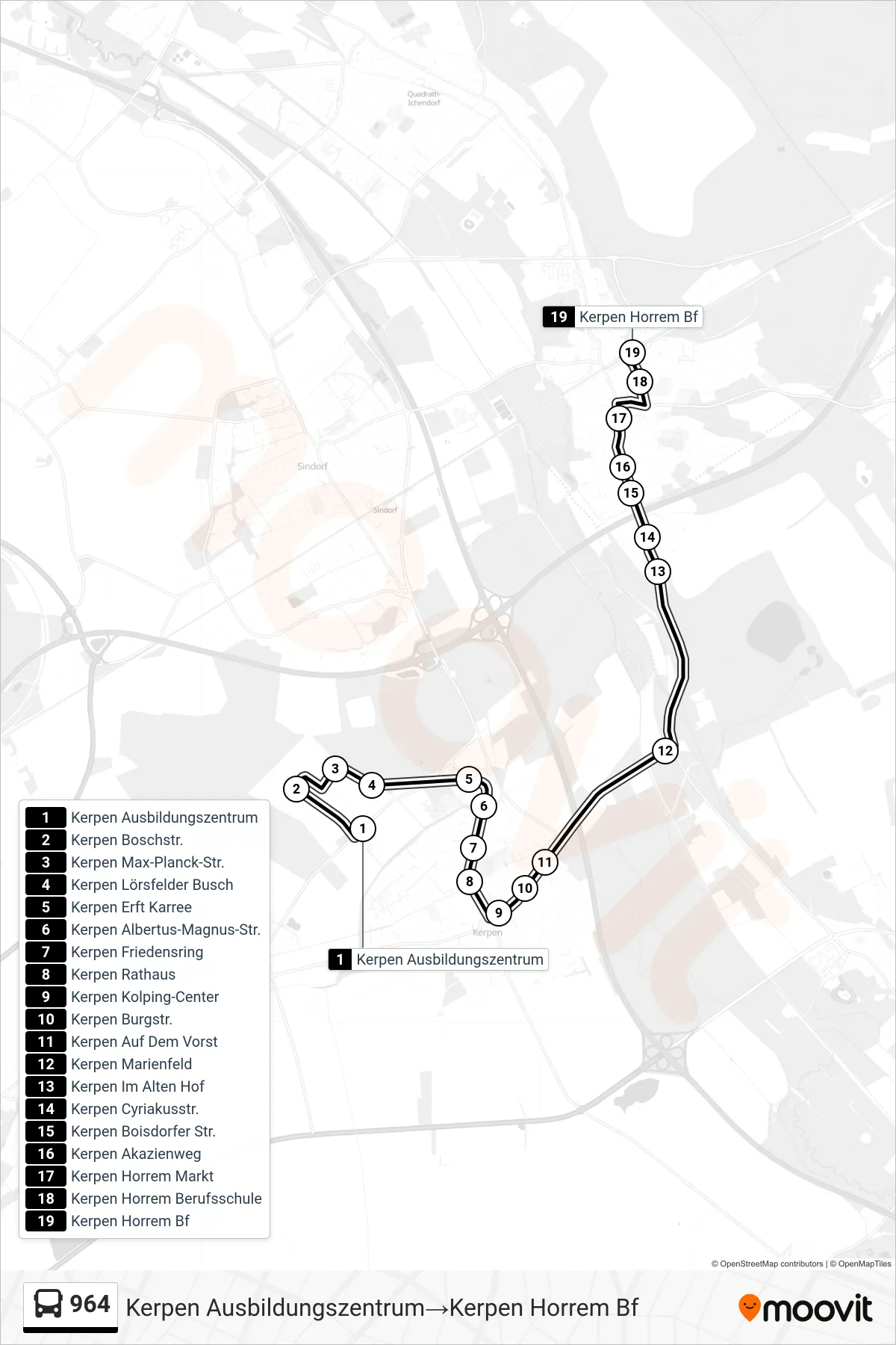 964 bus Line (Kerpen Ausbildungszentrum→Kerpen Horrem Bf) route and stops on a map