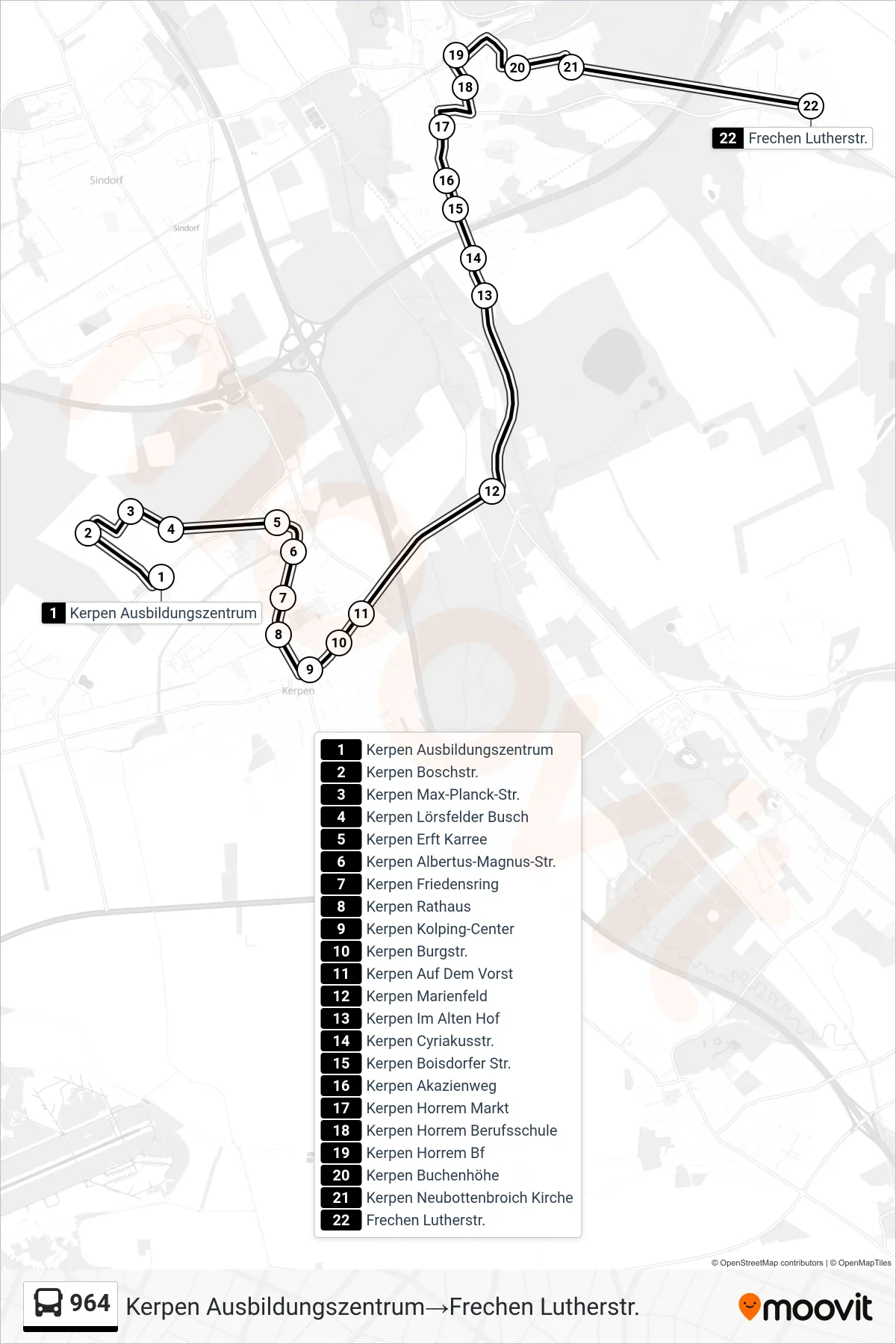 964 bus Line (Kerpen Ausbildungszentrum→Frechen Lutherstr.) route and stops on a map