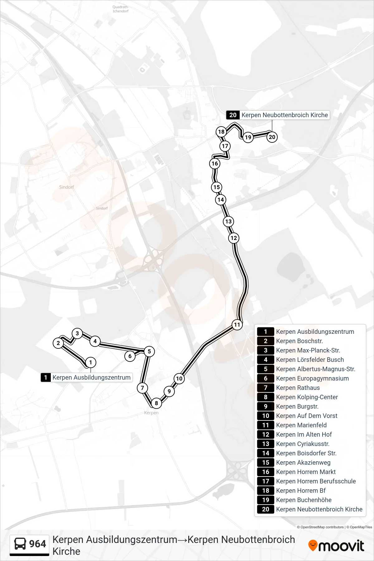 Linie 964 (Bus) Richtung Kerpen Ausbildungszentrum‎→Kerpen Neubottenbroich Kirche: Route und Haltestellen auf der Karte