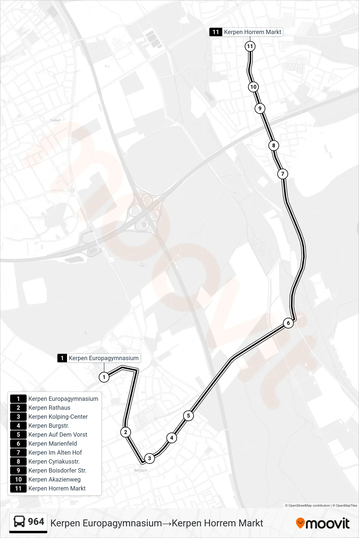 Linie 964 (Bus) Richtung Kerpen Europagymnasium‎→Kerpen Horrem Markt: Route und Haltestellen auf der Karte