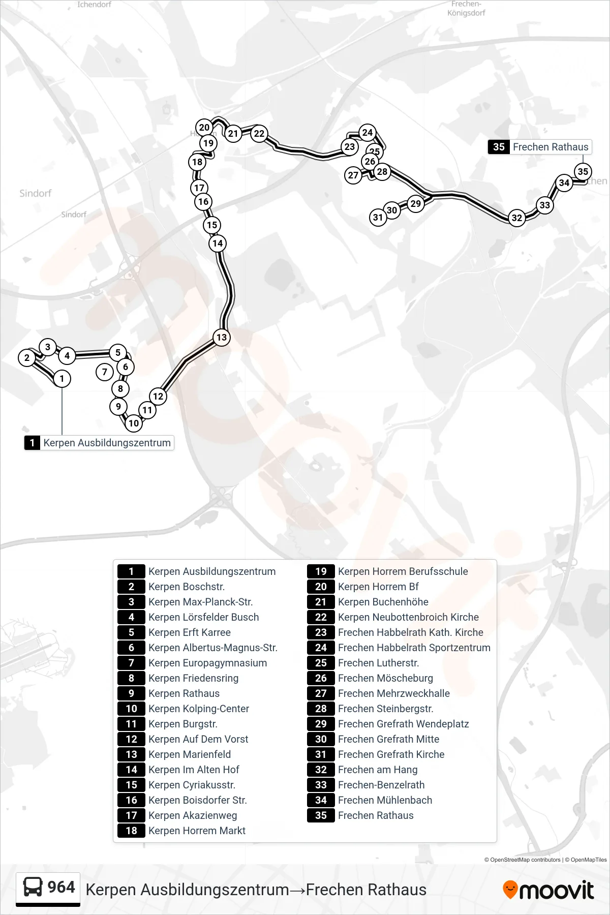 Linie 964 (Bus) Richtung Kerpen Ausbildungszentrum→Frechen Rathaus: Route und Haltestellen auf der Karte