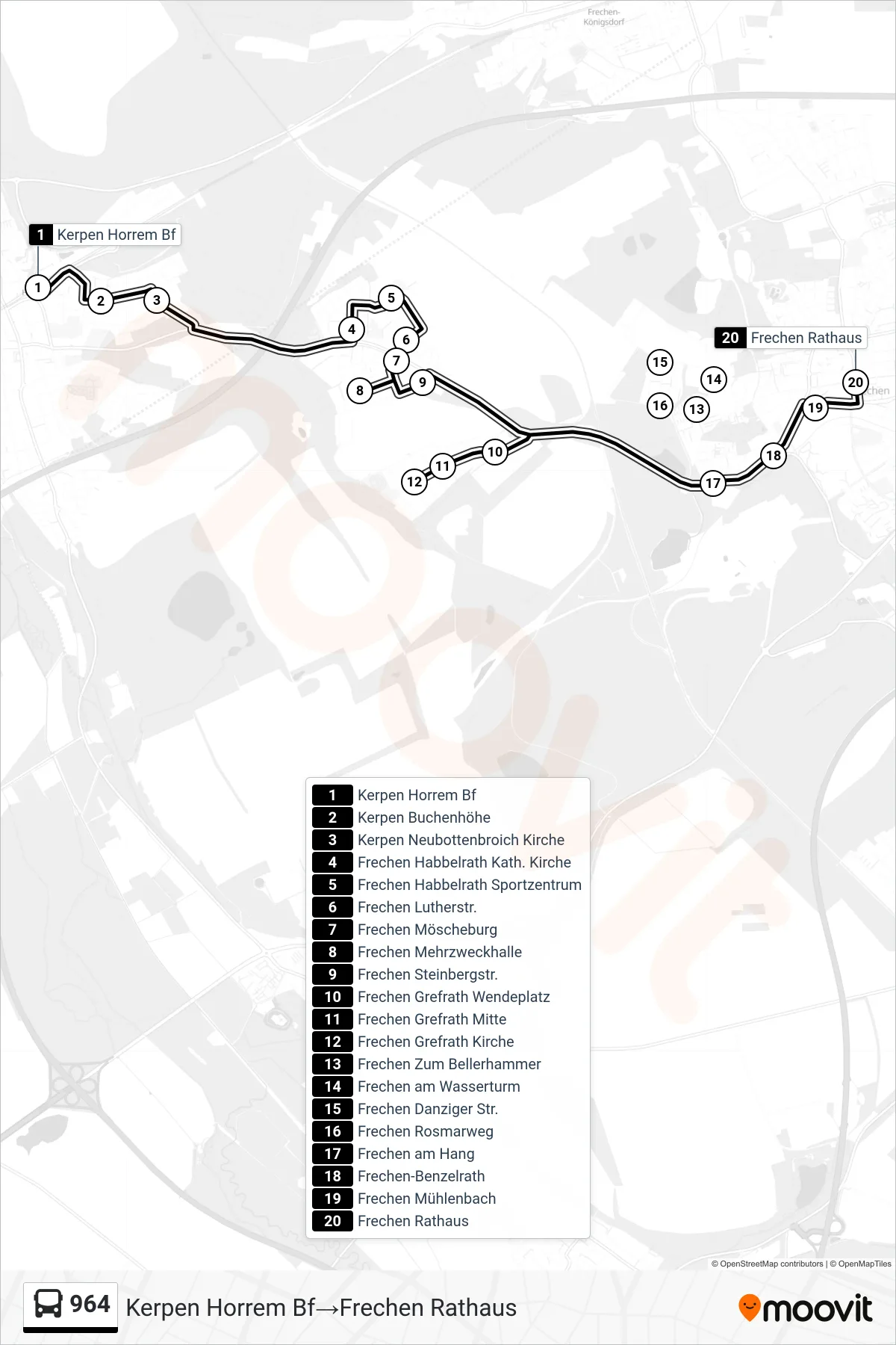 964 bus Line (Kerpen Horrem Bf→Frechen Rathaus) route and stops on a map