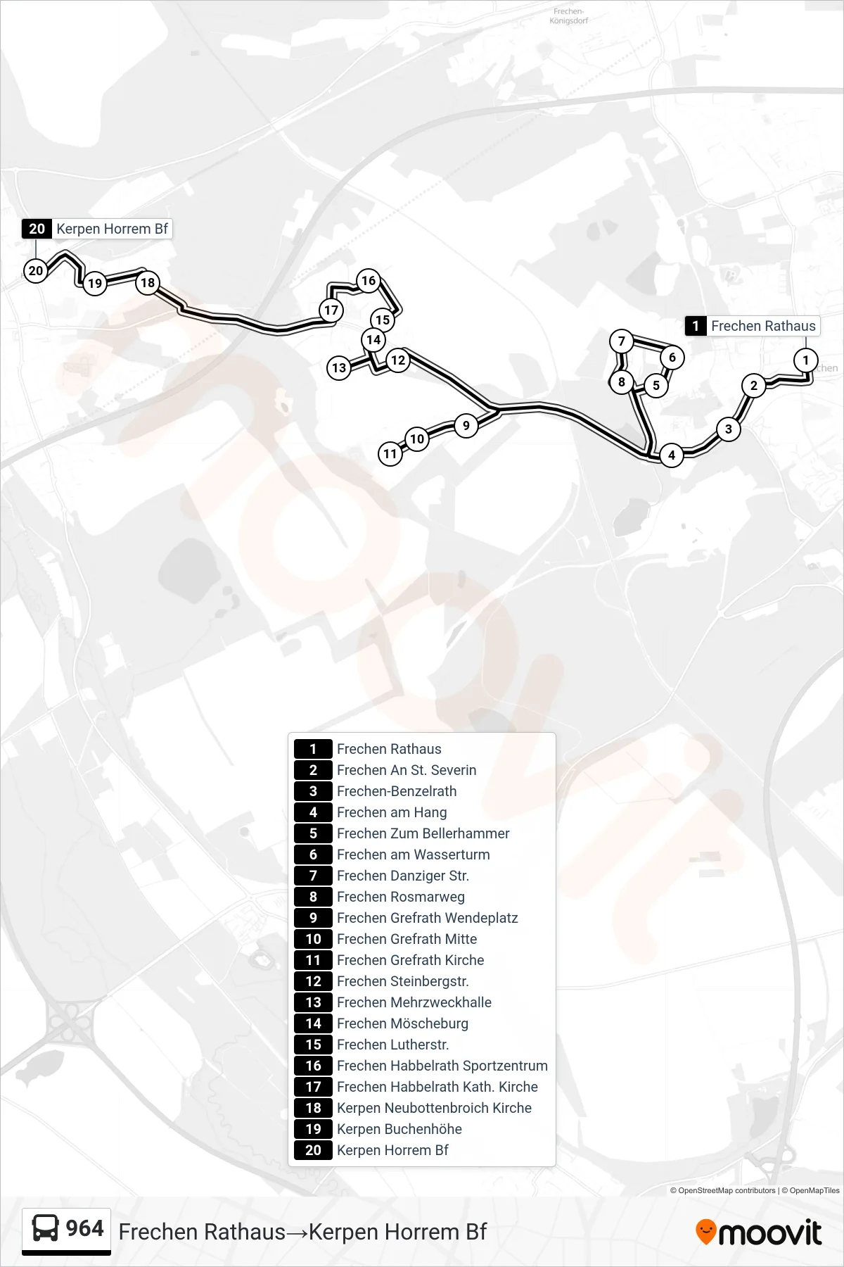 Linie 964 (Bus) Richtung Frechen Rathaus‎→Kerpen Horrem Bf: Route und Haltestellen auf der Karte