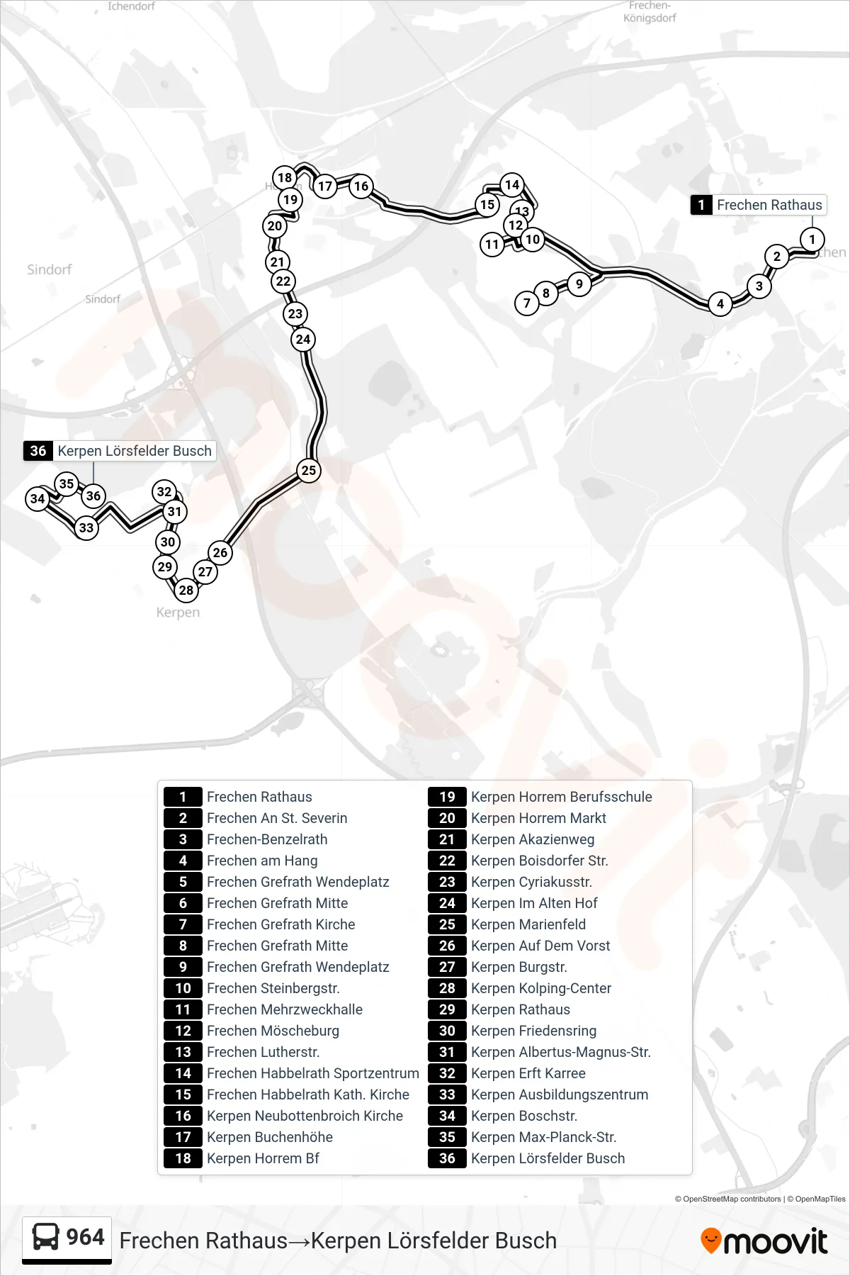 Linie 964 (Bus) Richtung Frechen Rathaus→Kerpen Lörsfelder Busch: Route und Haltestellen auf der Karte