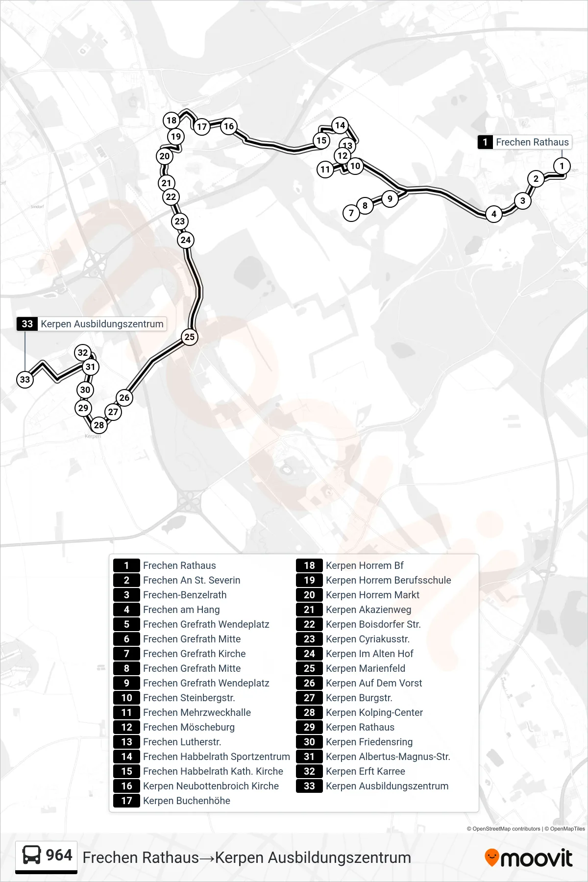 Linie 964 (Bus) Richtung Frechen Rathaus→Kerpen Ausbildungszentrum: Route und Haltestellen auf der Karte