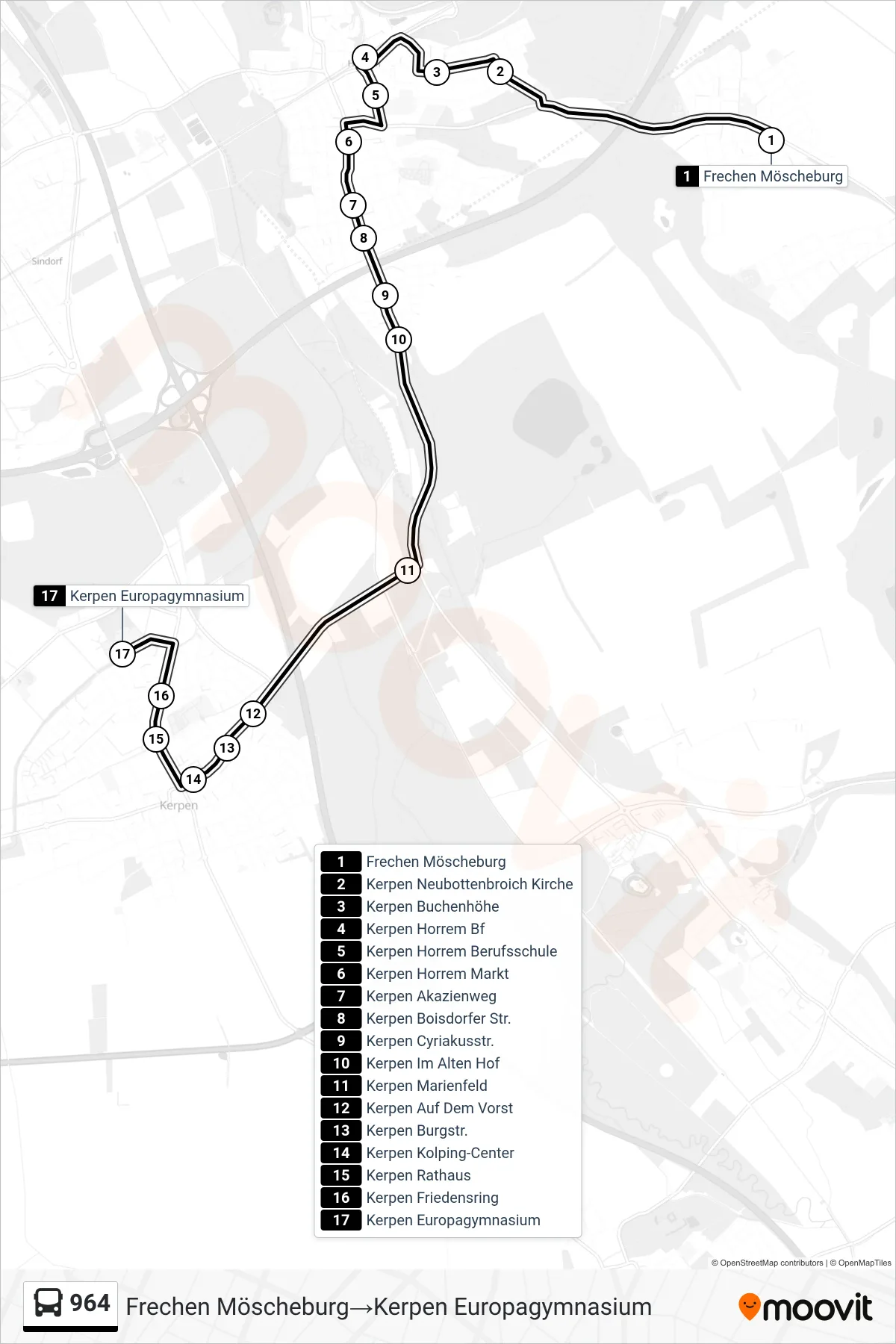 964 bus Line (Frechen Möscheburg→Kerpen Europagymnasium) route and stops on a map