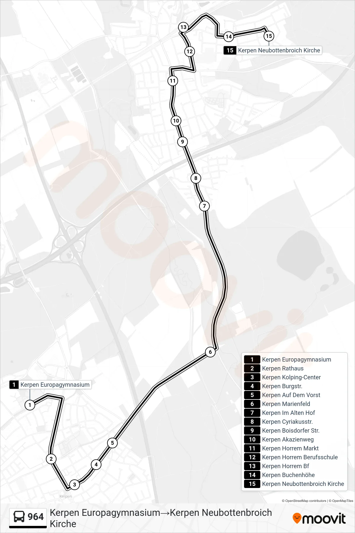 Linie 964 (Bus) Richtung Kerpen Europagymnasium→Kerpen Neubottenbroich Kirche: Route und Haltestellen auf der Karte