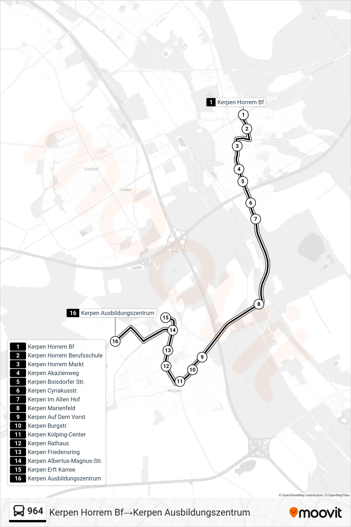 Linie 964 (Bus) Richtung Kerpen Horrem Bf→Kerpen Ausbildungszentrum: Route und Haltestellen auf der Karte