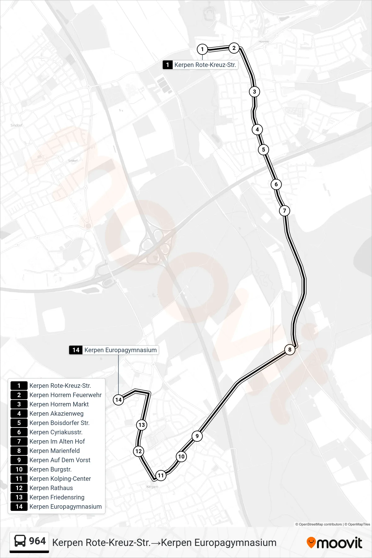 Linie 964 (Bus) Richtung Kerpen Rote-Kreuz-Str.‎→Kerpen Europagymnasium: Route und Haltestellen auf der Karte