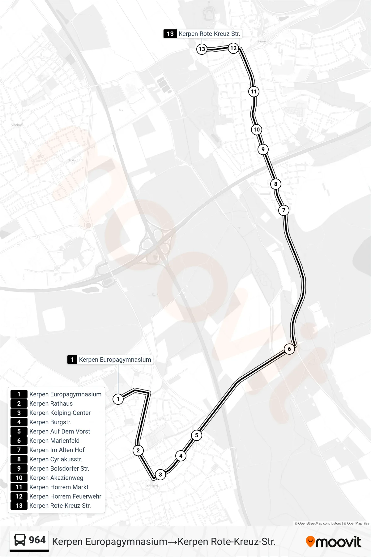 Linie 964 (Bus) Richtung Kerpen Europagymnasium→Kerpen Rote-Kreuz-Str.: Route und Haltestellen auf der Karte