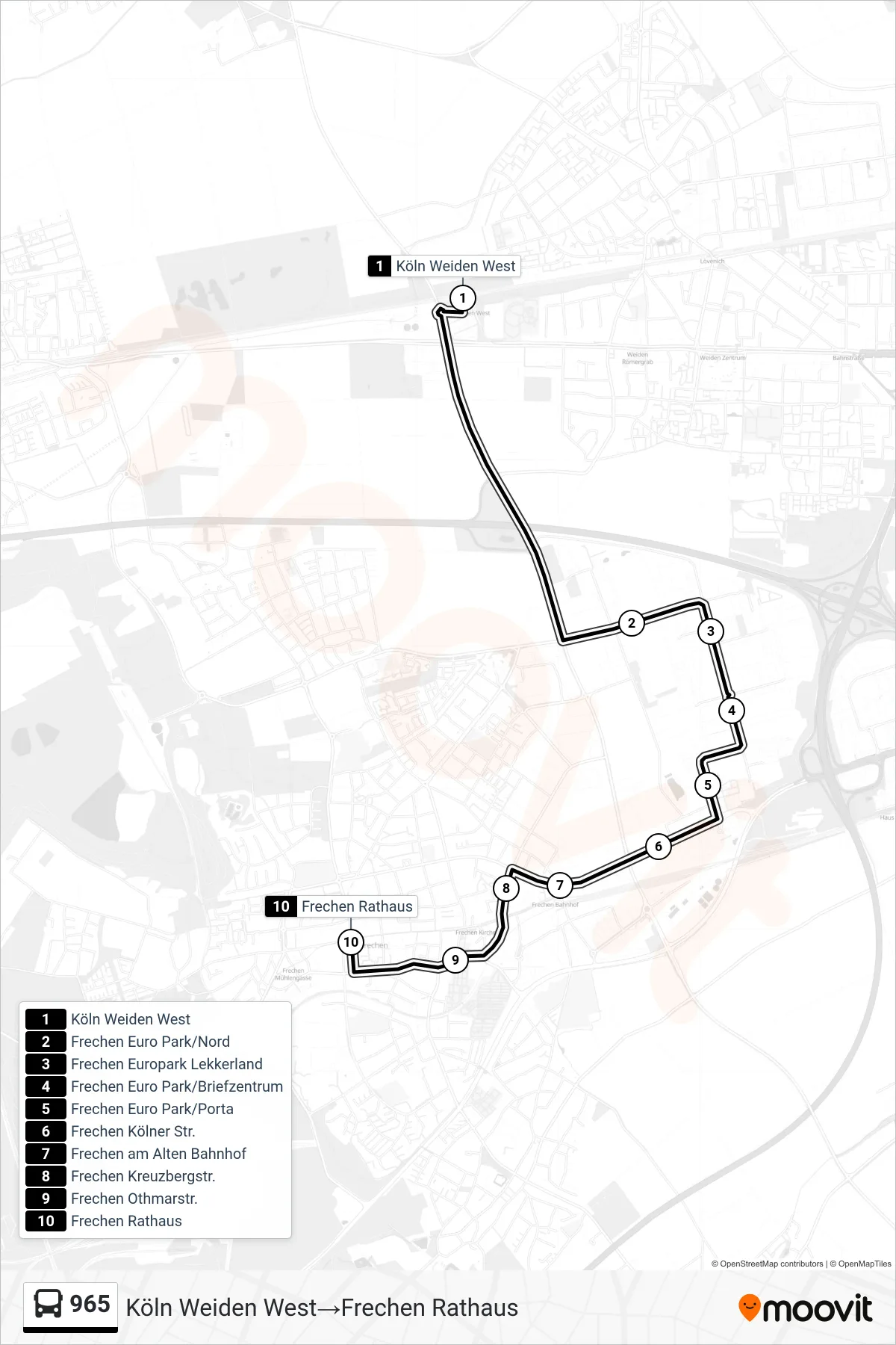 965 bus Line (Köln Weiden West‎→Frechen Rathaus) route and stops on a map