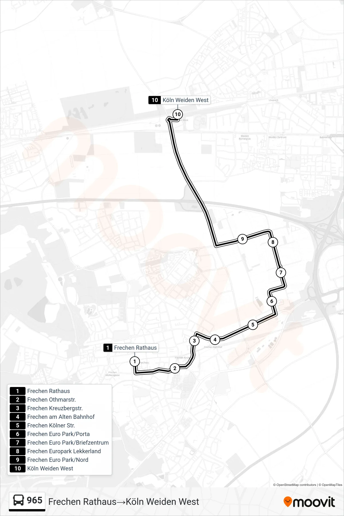Linie 965 (Bus) Richtung Frechen Rathaus‎→Köln Weiden West: Route und Haltestellen auf der Karte