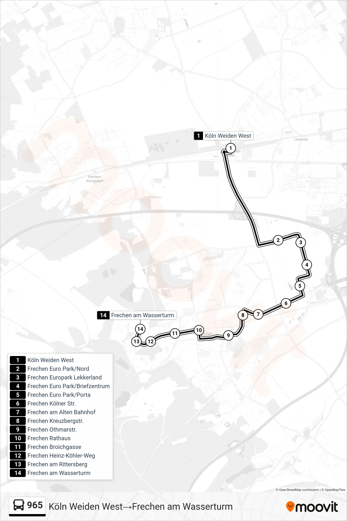 Linie 965 (Bus) Richtung Köln Weiden West→Frechen am Wasserturm: Route und Haltestellen auf der Karte