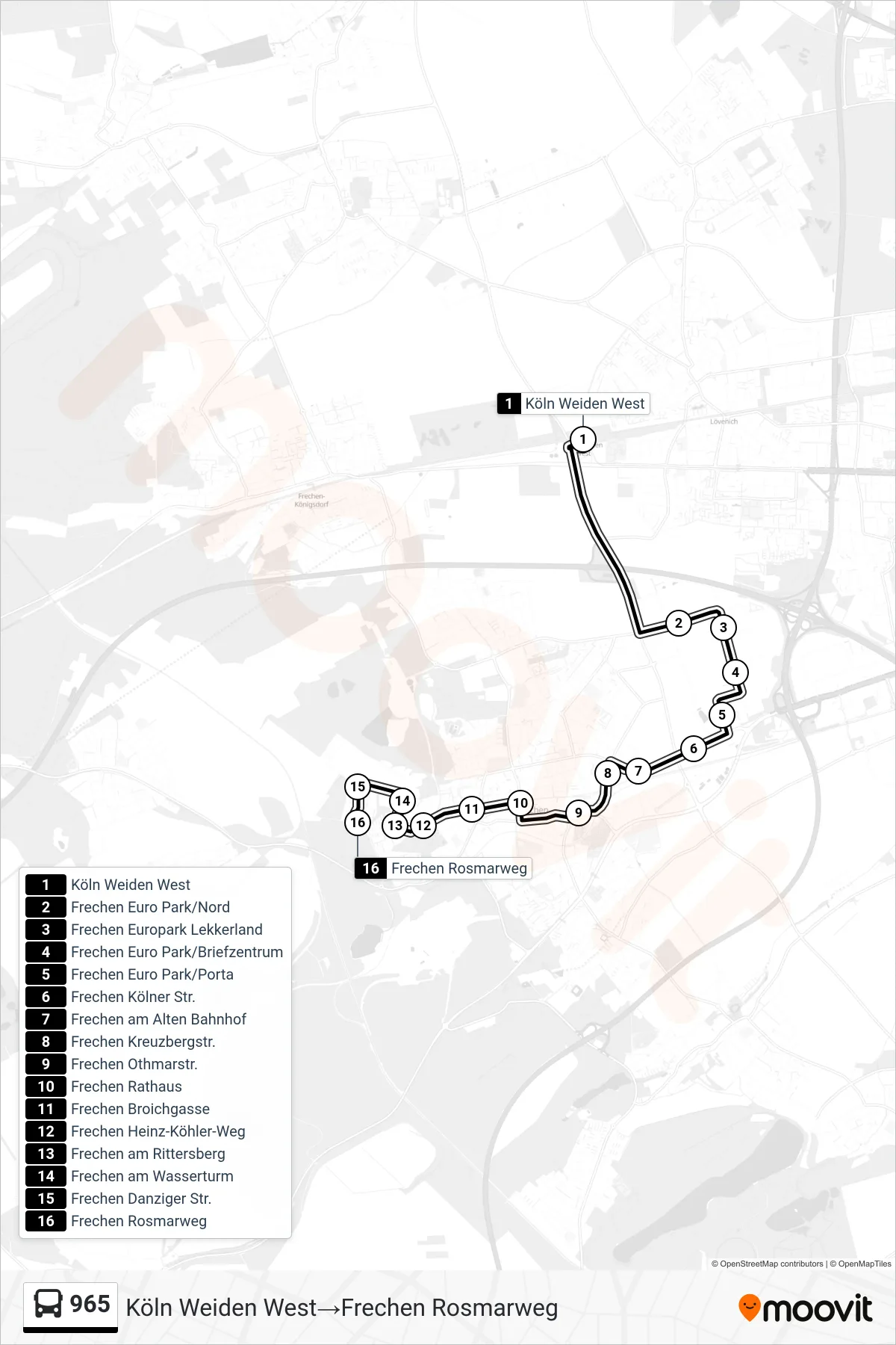 Linie 965 (Bus) Richtung Köln Weiden West→Frechen Rosmarweg: Route und Haltestellen auf der Karte