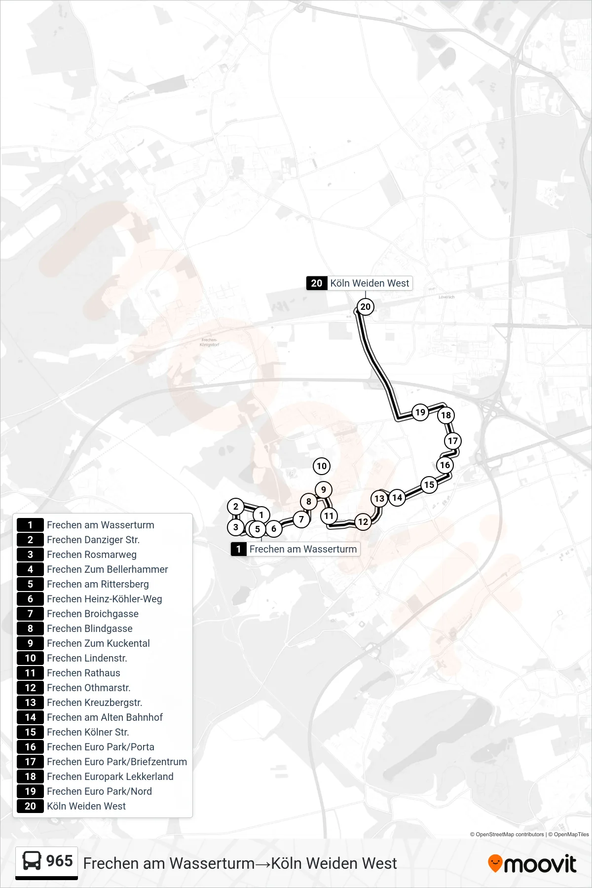 Linie 965 (Bus) Richtung Frechen am Wasserturm‎→Köln Weiden West: Route und Haltestellen auf der Karte
