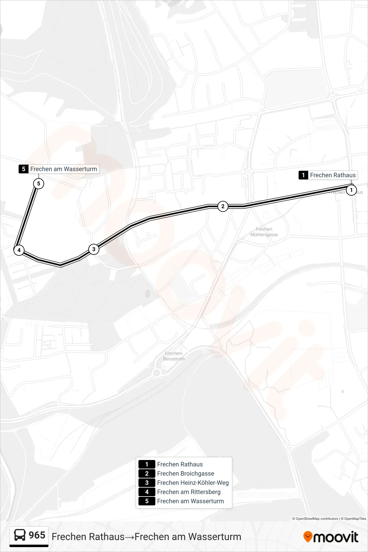 Linie 965 (Bus) Richtung Frechen Rathaus‎→Frechen am Wasserturm: Route und Haltestellen auf der Karte