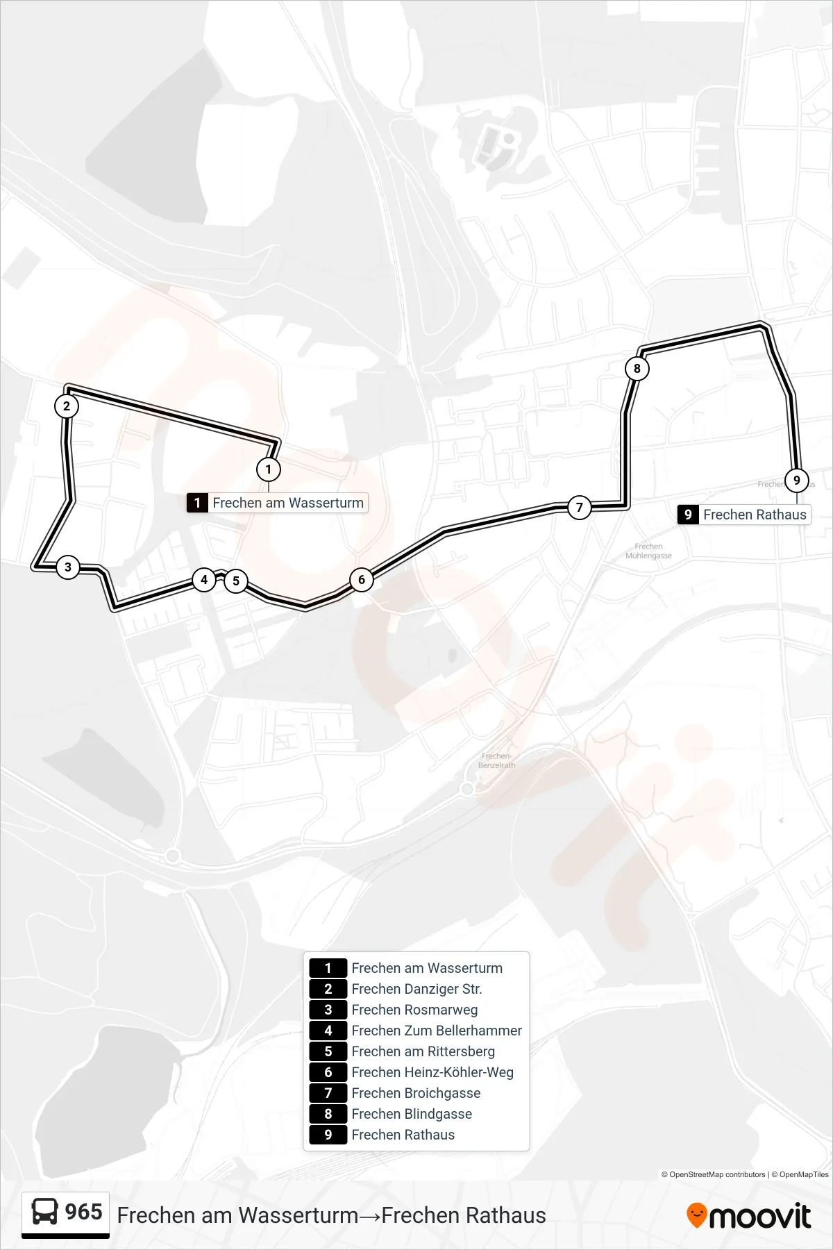 Linie 965 (Bus) Richtung Frechen am Wasserturm‎→Frechen Rathaus: Route und Haltestellen auf der Karte