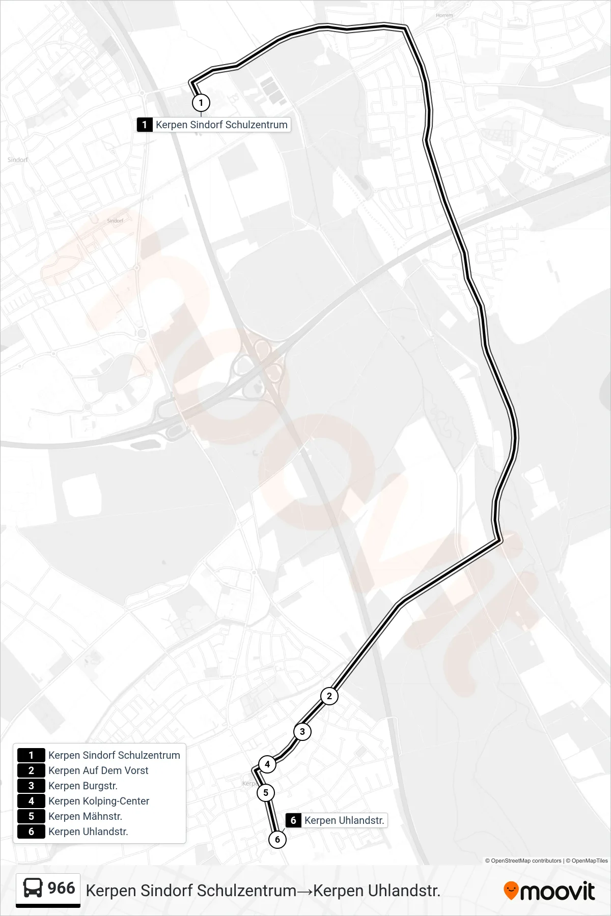 Linie 966 (Bus) Richtung Kerpen Sindorf Schulzentrum‎→Kerpen Uhlandstr.: Route und Haltestellen auf der Karte