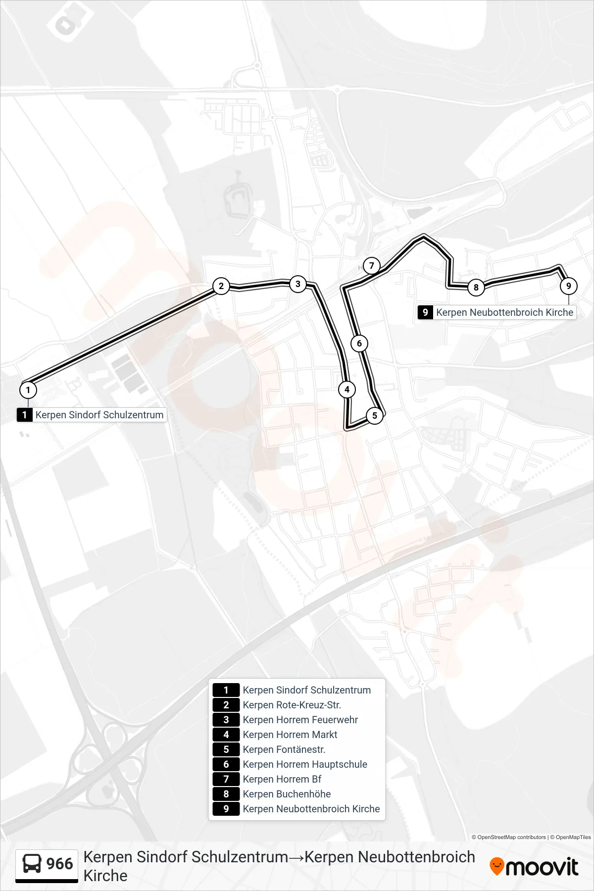 966 bus Line (Kerpen Sindorf Schulzentrum‎→Kerpen Neubottenbroich Kirche) route and stops on a map