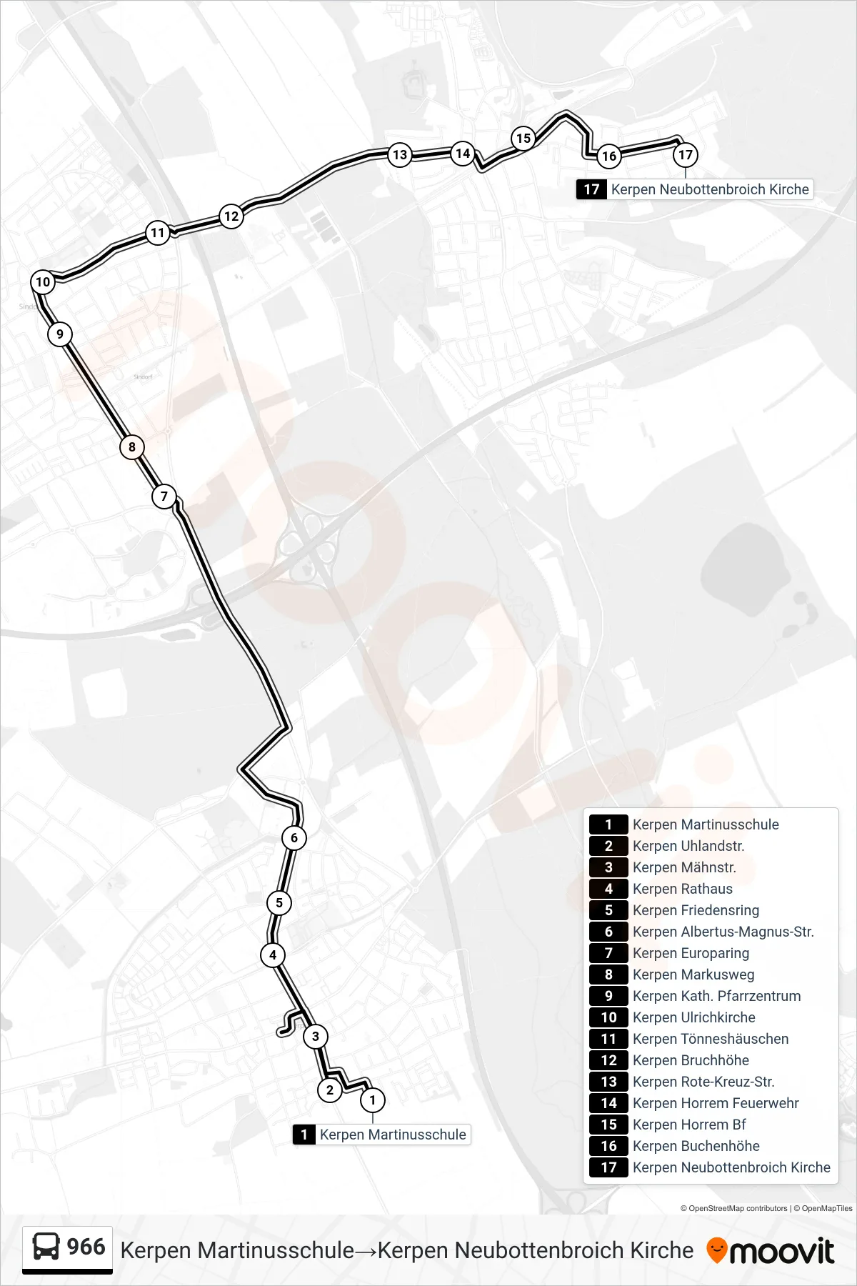 Linie 966 (Bus) Richtung Kerpen Martinusschule‎→Kerpen Neubottenbroich Kirche: Route und Haltestellen auf der Karte