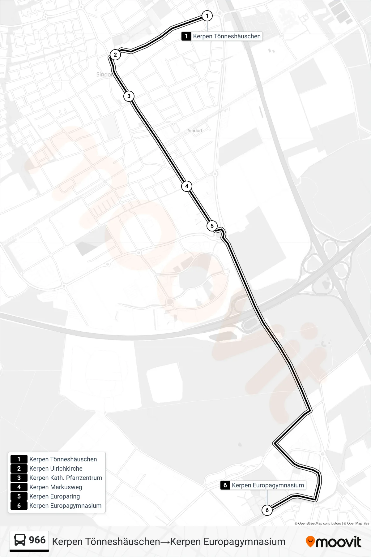 966 bus Line (Kerpen Tönneshäuschen→Kerpen Europagymnasium) route and stops on a map
