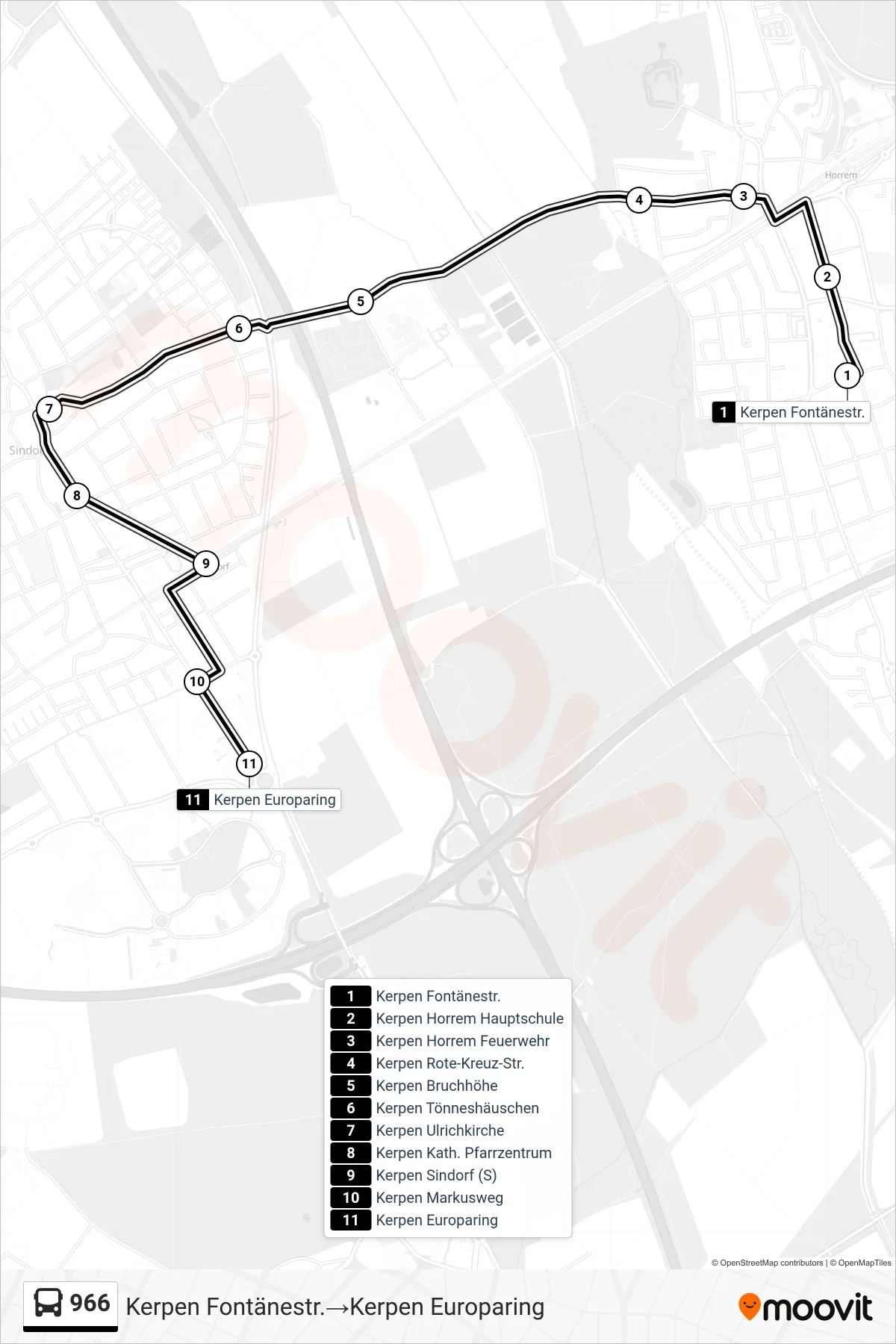 Linie 966 (Bus) Richtung Kerpen Fontänestr.→Kerpen Europaring: Route und Haltestellen auf der Karte