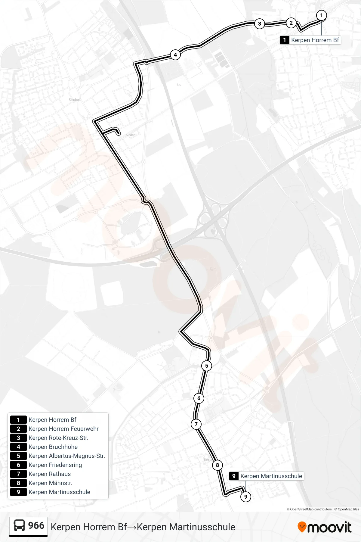 Linie 966 (Bus) Richtung Kerpen Horrem Bf‎→Kerpen Martinusschule: Route und Haltestellen auf der Karte