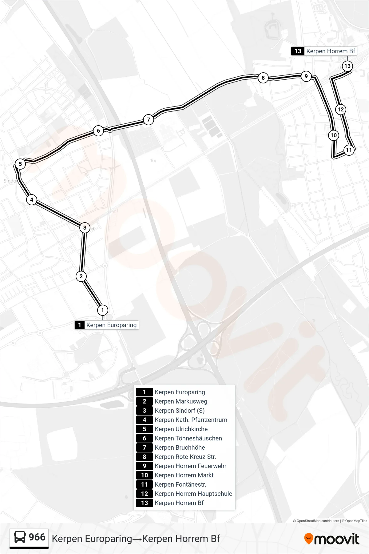 Linie 966 (Bus) Richtung Kerpen Europaring‎→Kerpen Horrem Bf: Route und Haltestellen auf der Karte