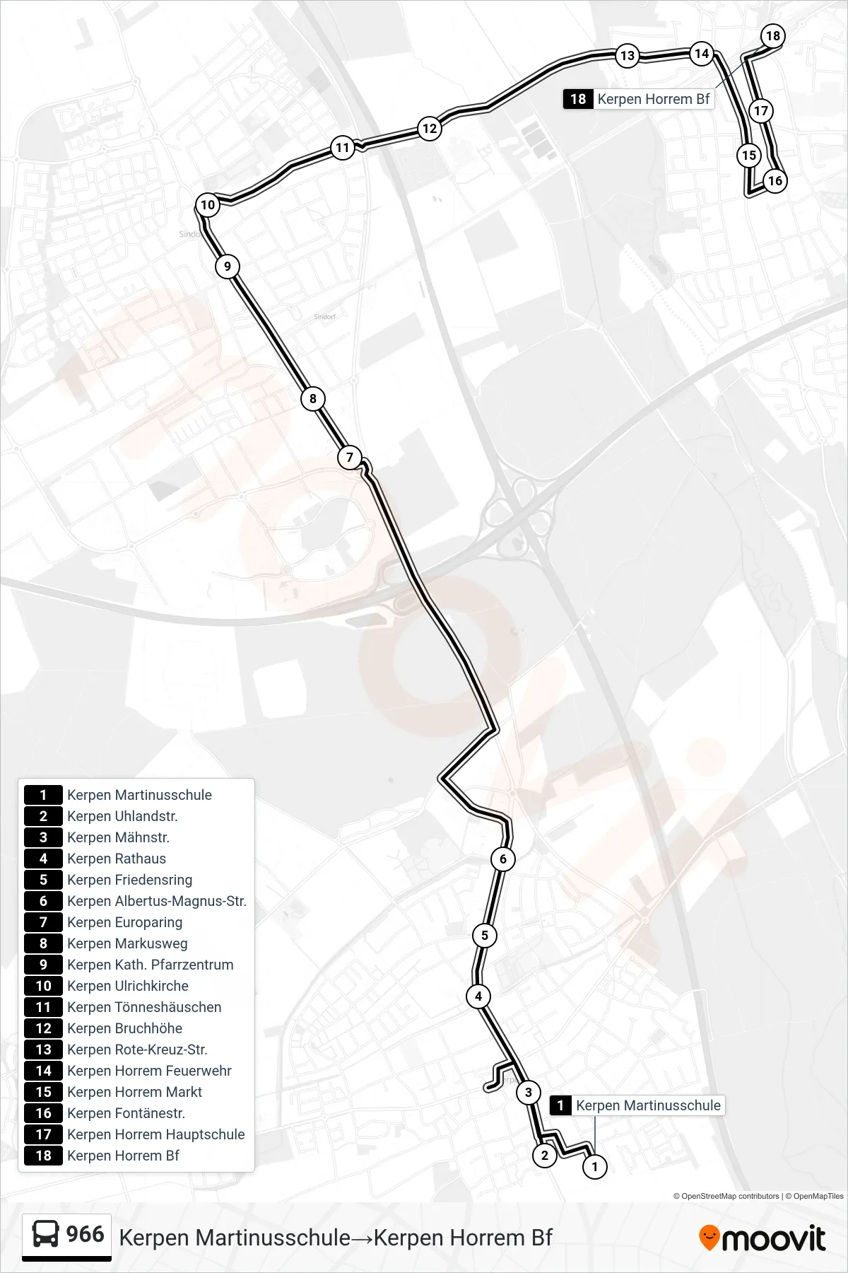 Linie 966 (Bus) Richtung Kerpen Martinusschule→Kerpen Horrem Bf: Route und Haltestellen auf der Karte