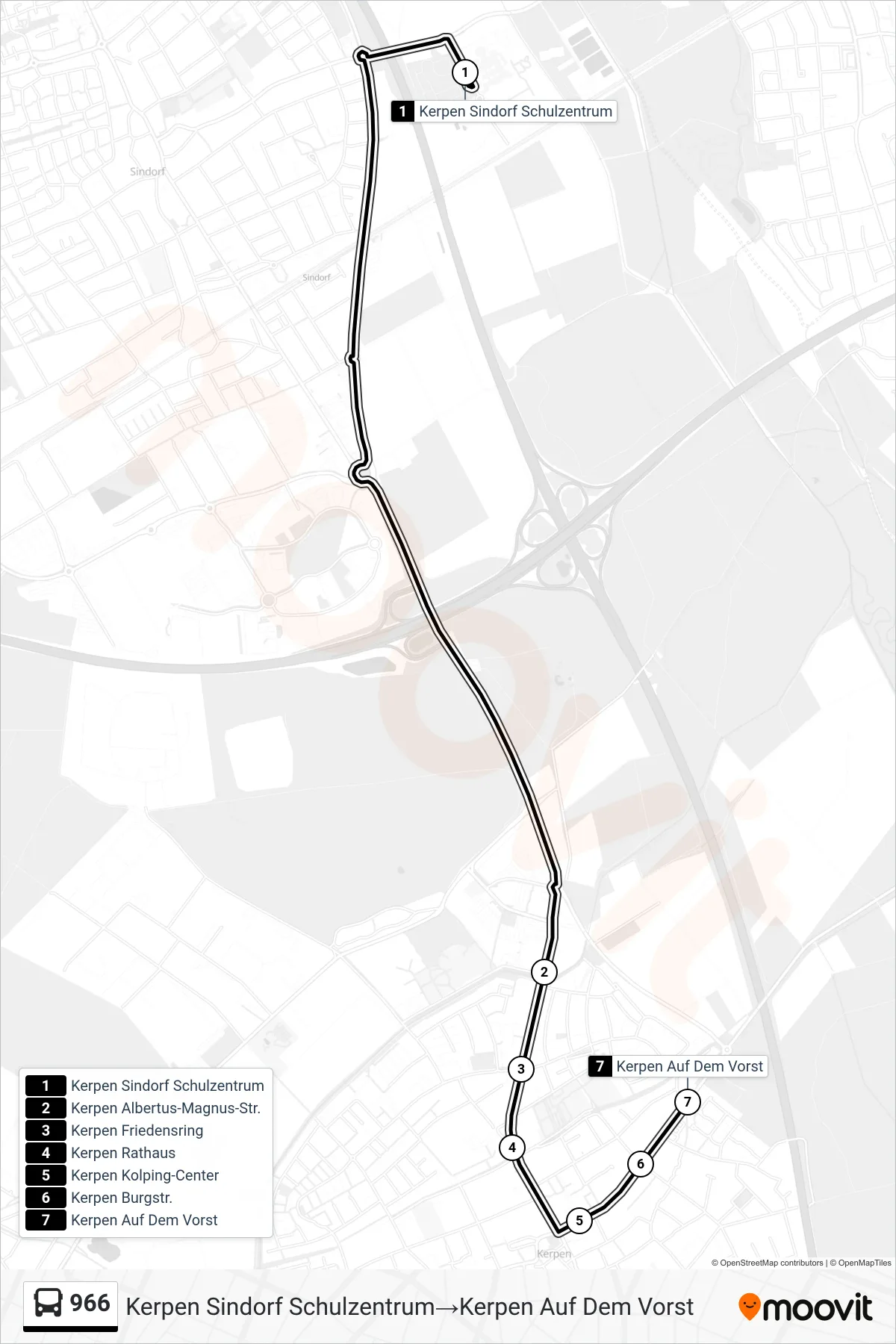 Linie 966 (Bus) Richtung Kerpen Sindorf Schulzentrum→Kerpen Auf Dem Vorst: Route und Haltestellen auf der Karte